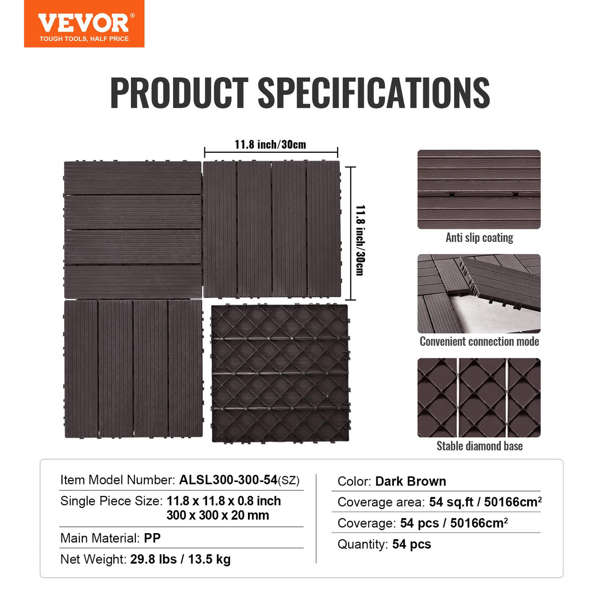 VEVOR Interlocking Deck Tiles, 54 Pack,12"x12" 54 sq. ft Plastic Waterproof Outdoor Flooring All Weather Use, Patio Floor Decking Covering Tiles for Porch Poolside Balcony Backyard, Dark Brown VEVOR