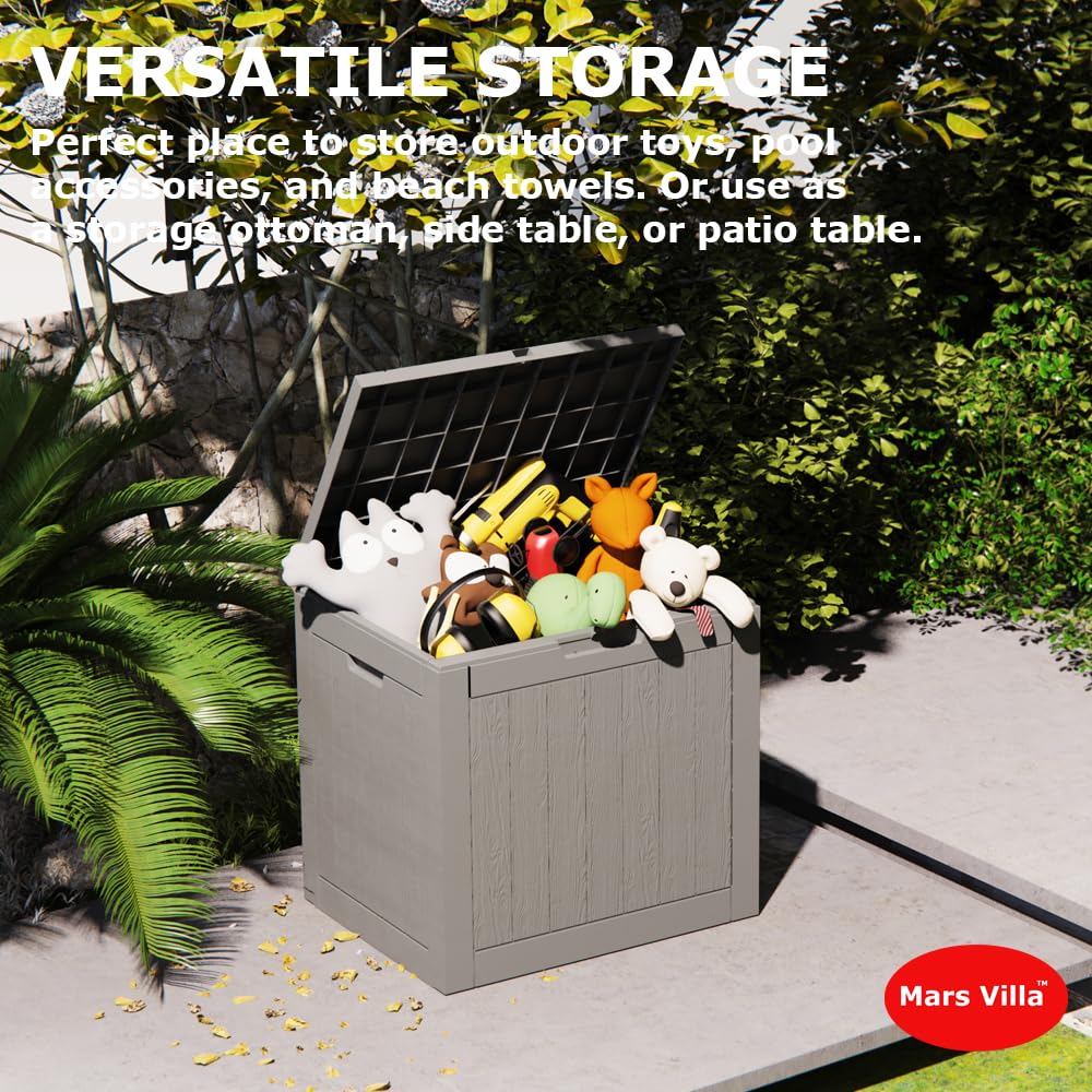 Mars Villa Deck Box, 31 Gallon Resin Indoor and Outdoor Storage Box Waterproof for Patio Furniture Cushions, Pool Supplies, Backyard Toys, Gardening Tools, Weatherproof and UV Resistant (Grey) Mars Villa