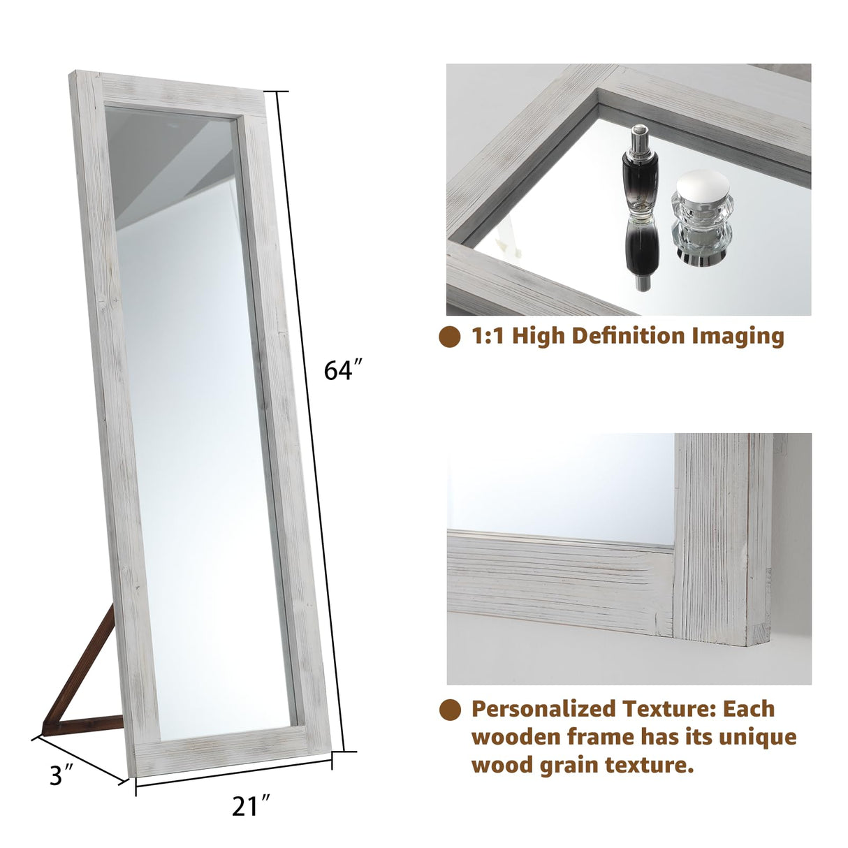 MELOMOIR Rustic Farmhouse Full Length Mirror, 64"x21" Wood Frame Floor Mirror, Free Standing Mirror Leaning Hanging Mirror, Long Mirror for Bedroom Living Room Cloakroom, Weathering White MELOMOIR