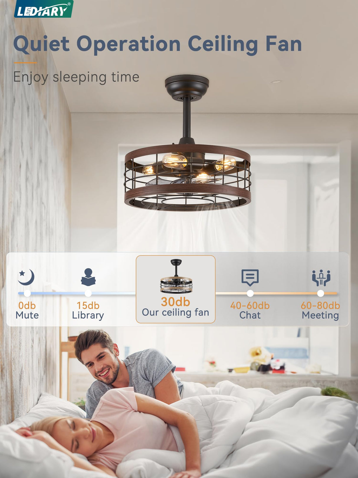 LEDIARY 16.5in Caged Ceiling Fan with Light, Bladeless Industrial Ceiling Fan with Remote, Rustic Metal Fan Lights Ceiling Fixtures for Kitchen, Farmhouse, Bedroom(6 Speed,1/2/4/8h Timing)-Walnut LEDIARY
