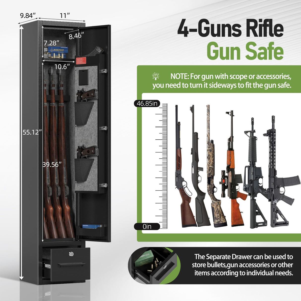 SAPITAL 4 Gun Safe,Gun Safe for Rifles and Pistols,Gun Cabinet for Rifles and Shotguns with Drawer,Electronic Rifle Safe,Gun Safes & Cabinets with LED Light, Removable Shelf and Gun Rack (4-gun safe) SAPITAL