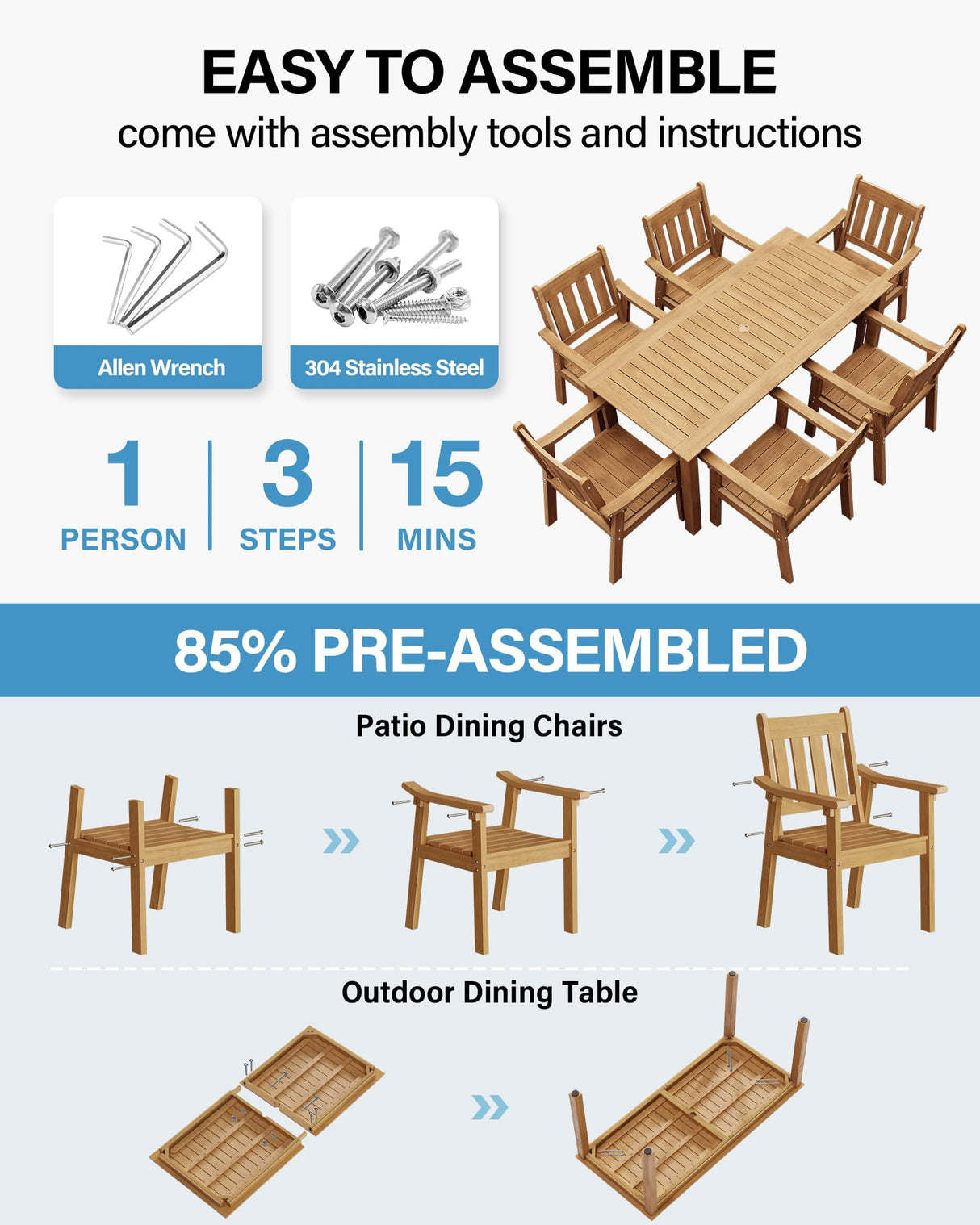 YEFU HIPS Patio Table Set: 7 Piece Outdoor Table and Chairs Dining Furniture Set with Umbrella Hole - Teak Modern Plastic Dining Sets 6 Person for Outside Deck with Metal Aluminum Frame YEFU
