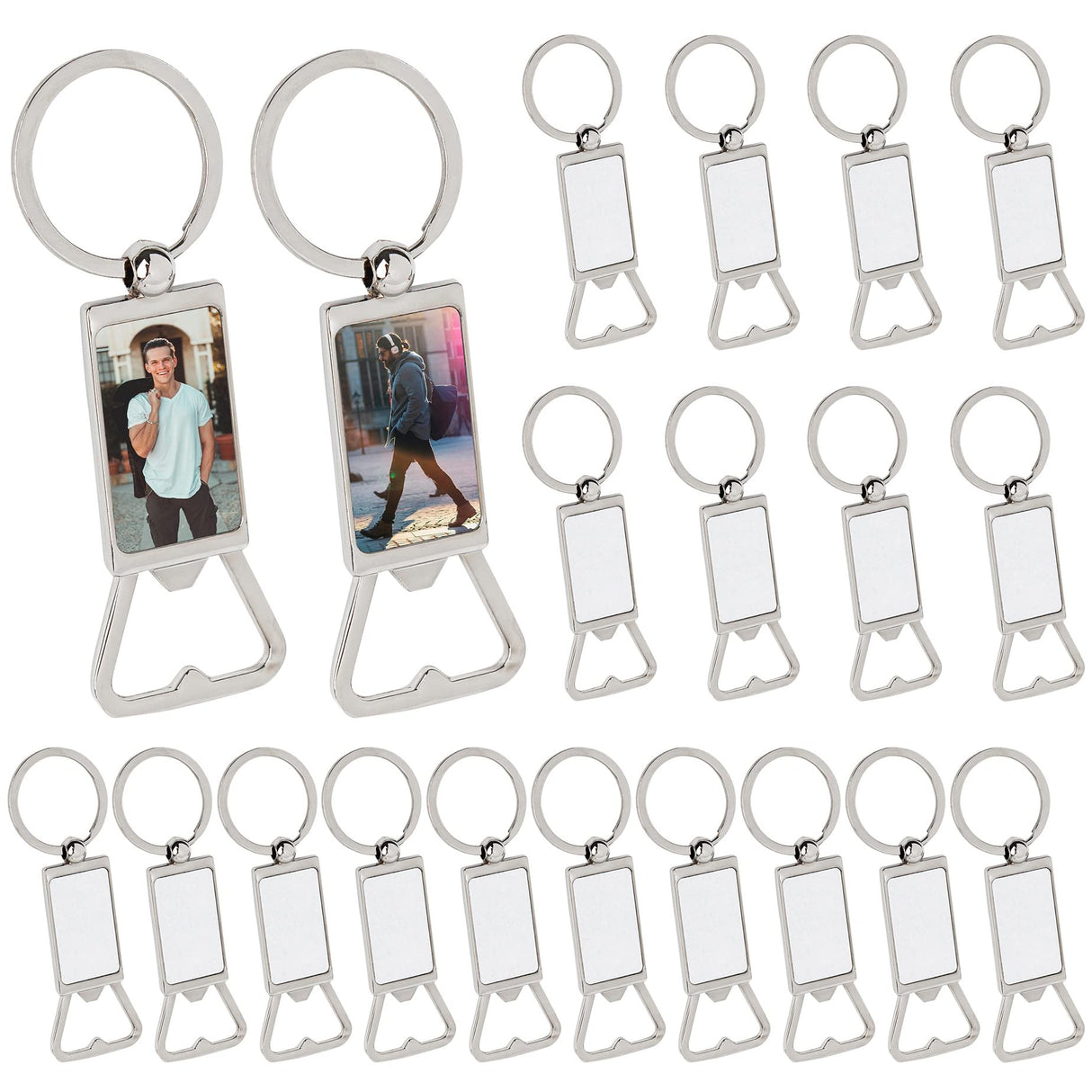 Framendino, 40 Pack Sublimation Blanks Keychains Metal Bottle Opener Transfer Rectangle Aluminum Keychain Key Rings for DIY Custom Personalized Sublimation Photo Framendino