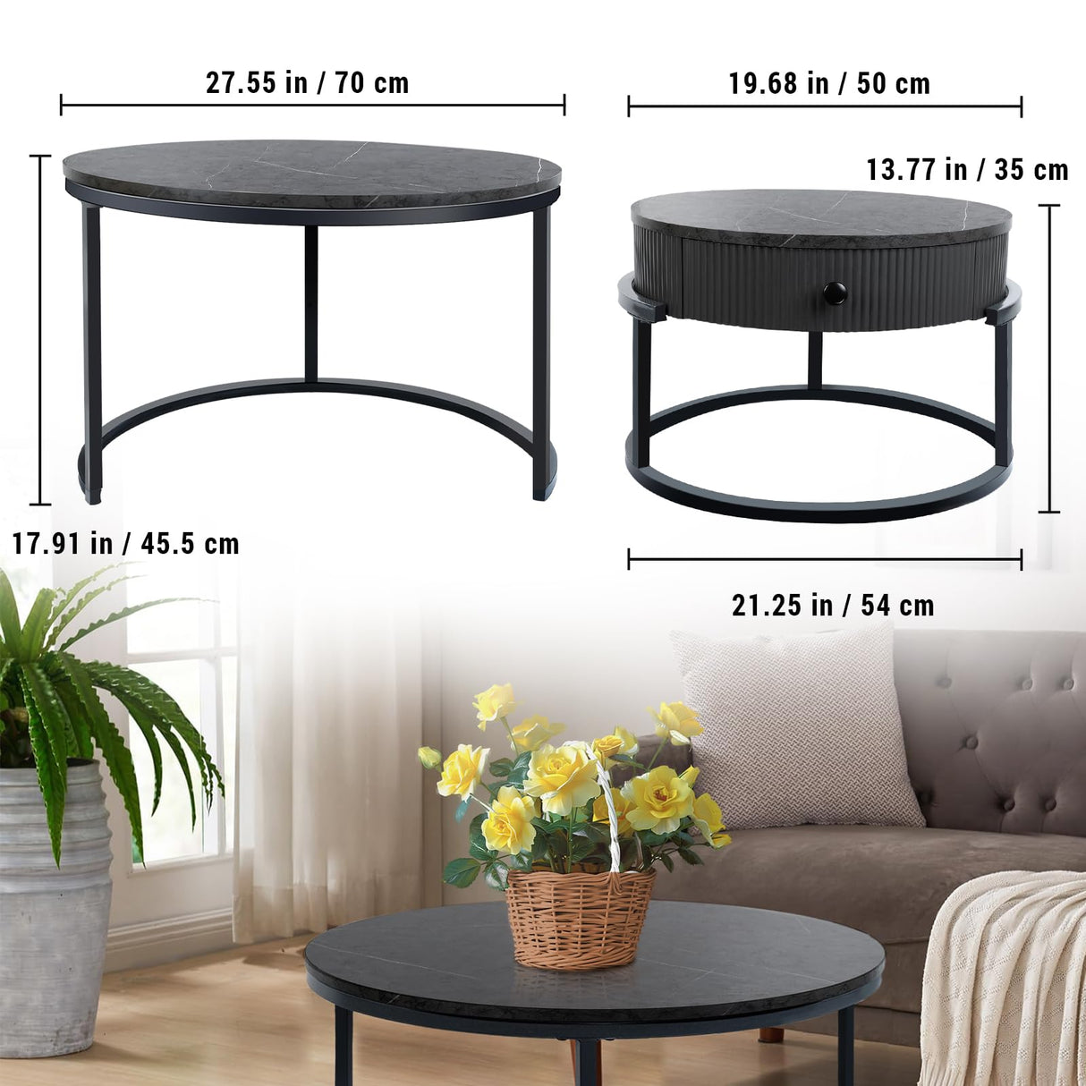 Round Nesting Coffee Tables Set: Gray Marble End Tables Set of 2 - Modern Metal Stacking Side Tables for Living Room Small Spaces Paradmas