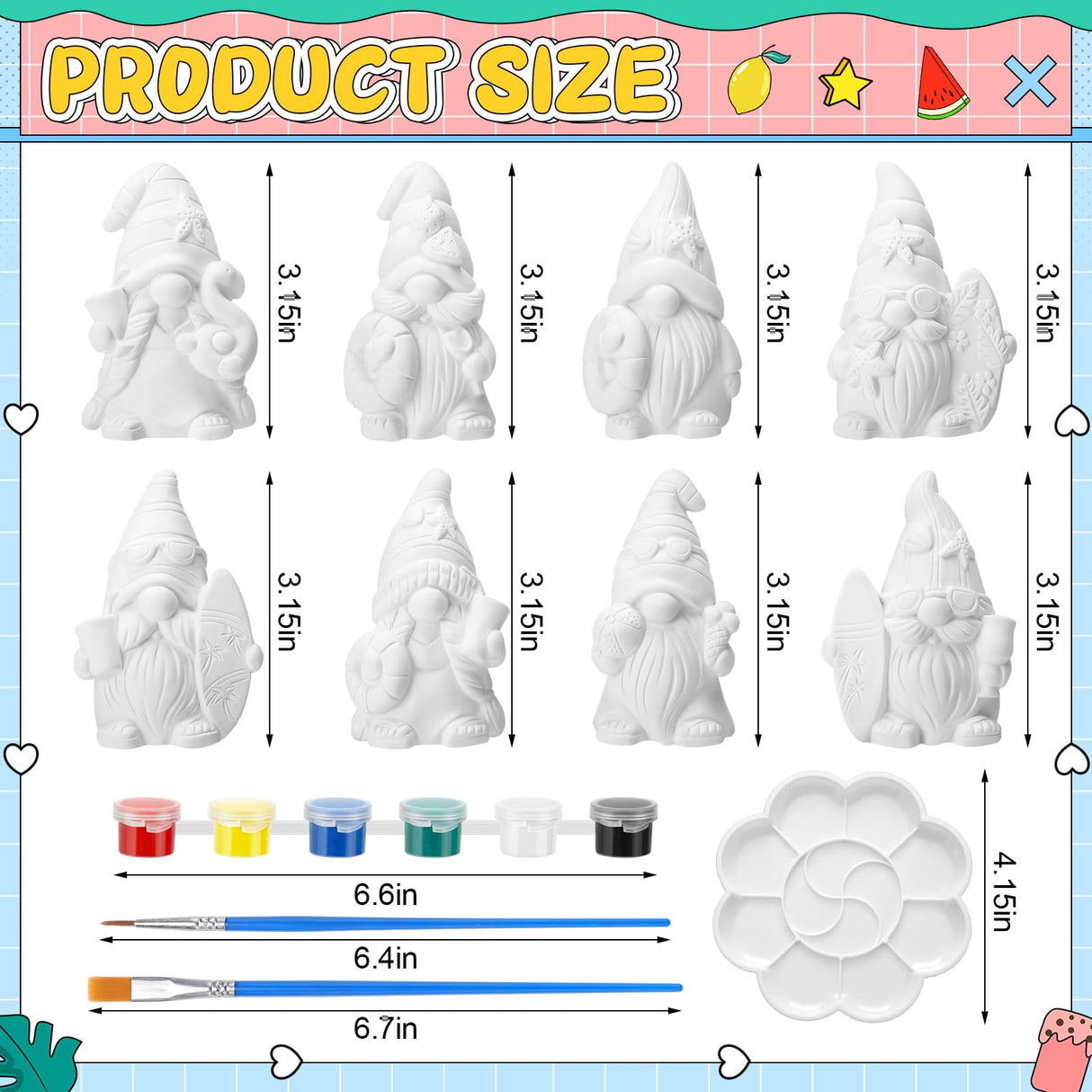 PullCrease 8 Pcs Ready to Paint Your Own Gnome Figurines Unpainted Plaster Crafts with Brush Palette Paint for Boys Adults Girls (Summer), Medium PullCrease
