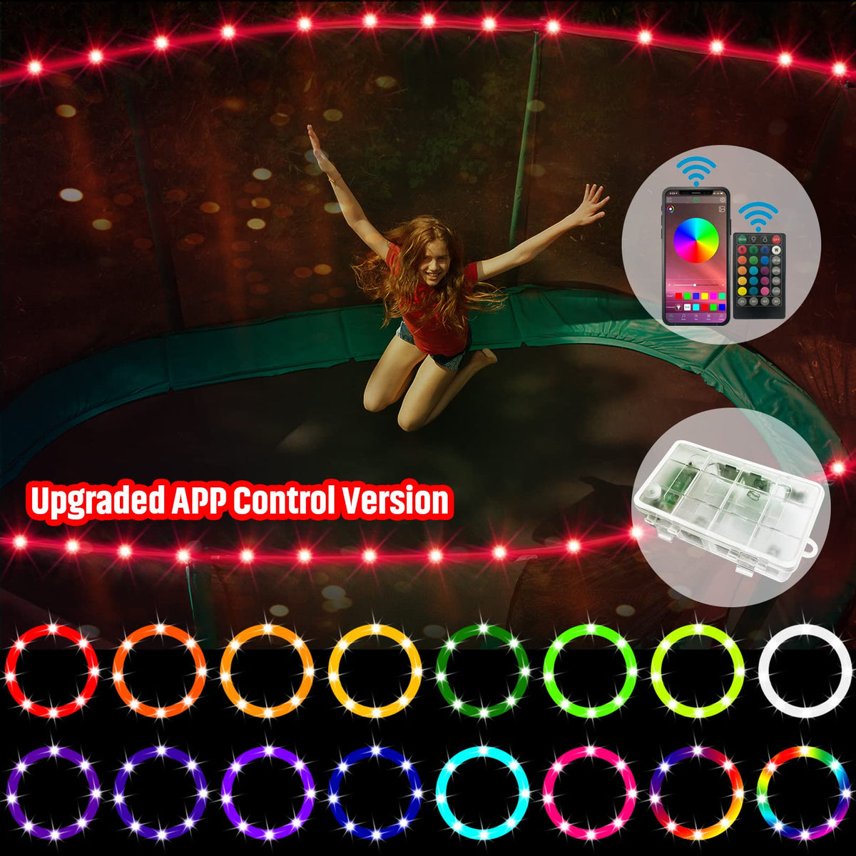 【Upgraded APP Control Version】 LED Trampoline Lights, APP and Remote Control Trampoline Rim LED Light for 14Ft Trampoline, C Battery Box, 16 Color Change, Waterproof, Bright to Play at Night Outdoors Eliteemo