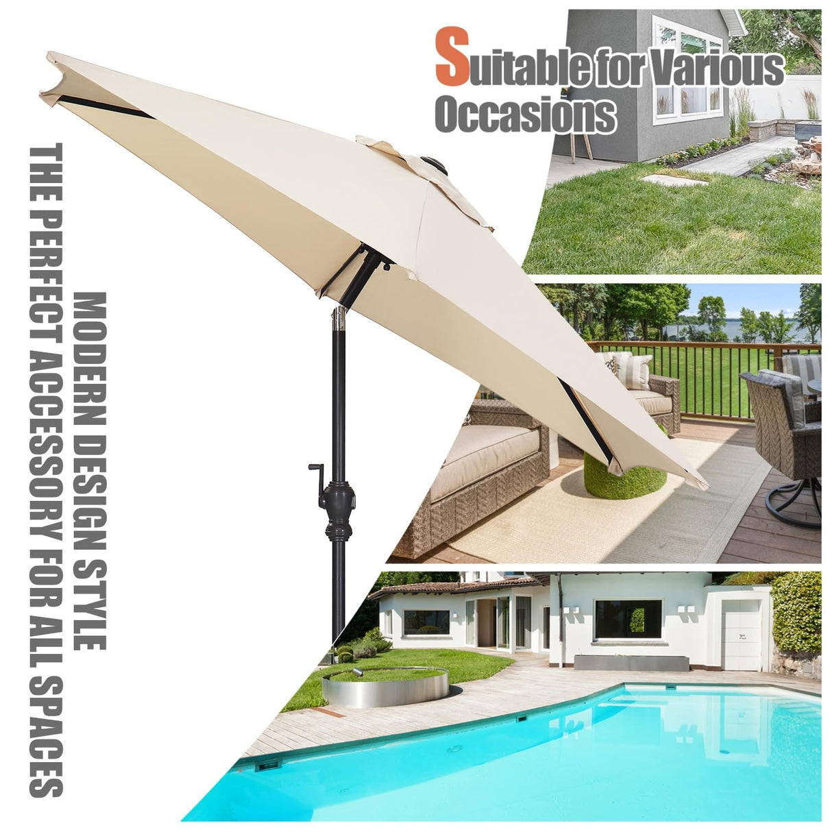GDY 7.5FT Patio Umbrella Outdoor Table Umbrella,Market Umbrella with Push Button Tilt and Crank for Garden, Lawn, Deck, Backyard & Pool (Beige) GDY