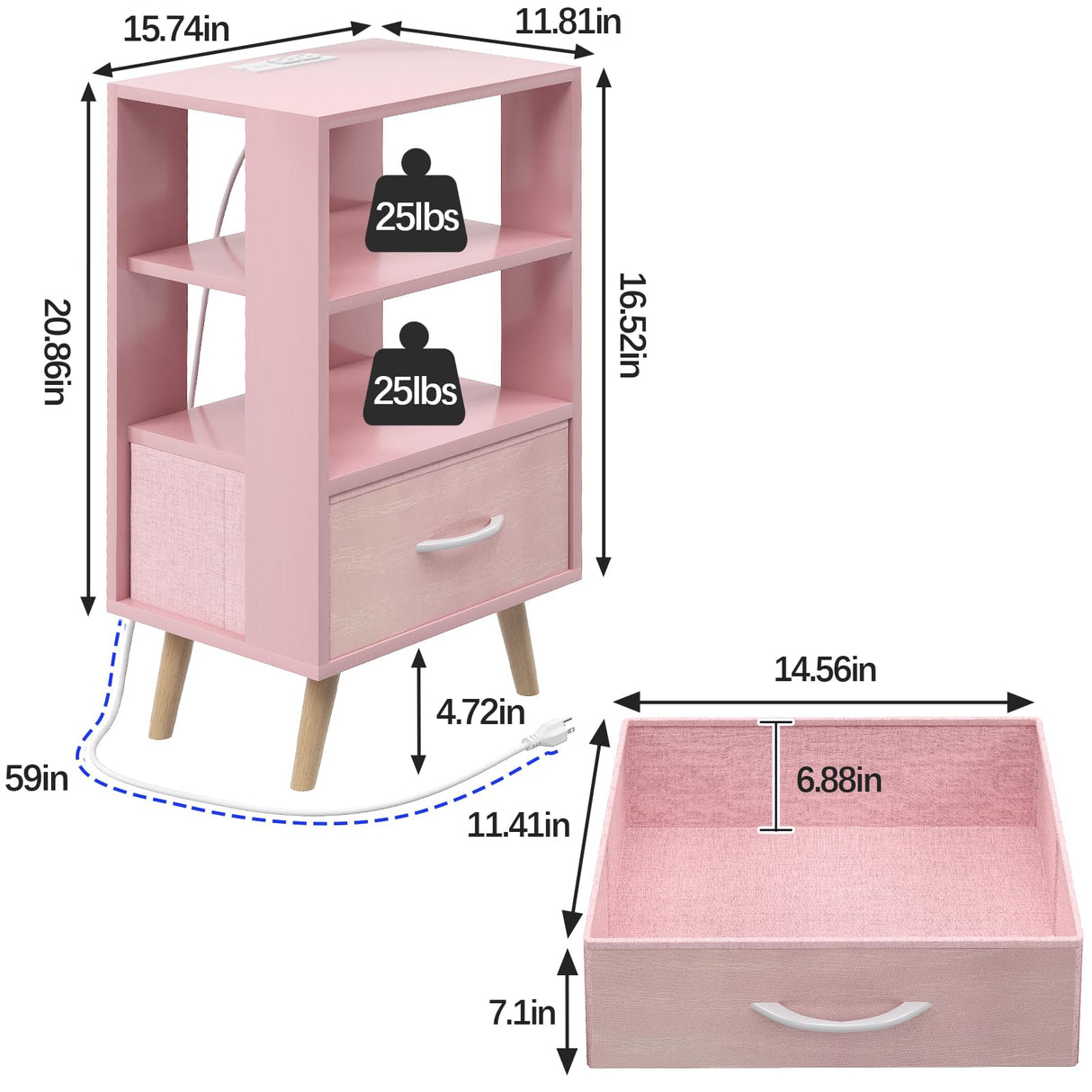 Aenuert Night Stand with Charging Station, Pink Kids Nightstand with Drawer, 3-Tier Nursery Bedside Table with USB Ports and Outlets, End Table for Small Space, Living Room, Bedroom Aenuert