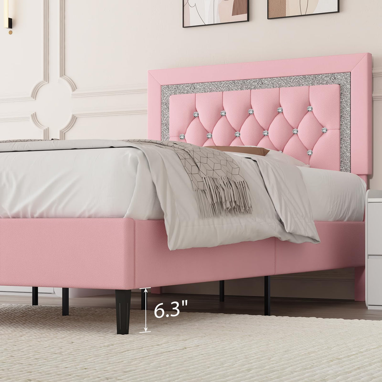 BarnFurin Twin Bed Frame with Tufted Button Headboard, Upholstered Platform Bed Frame with Diamond Design, Wood Slat Support, No Box Spring Needed, Easy Assembly, Pink BarnFurin