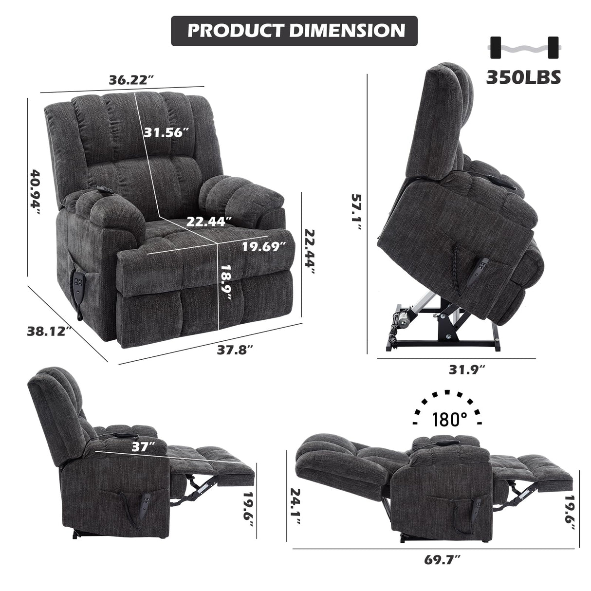 EZZUP Power Lift Chair with Vibration Massage Heat for Elderly People, Dual Motor Electric Lay Flat Recliner Chair with Power-Remote, Standing Assistance Reclining, Chenille Dark Gray EZZUP