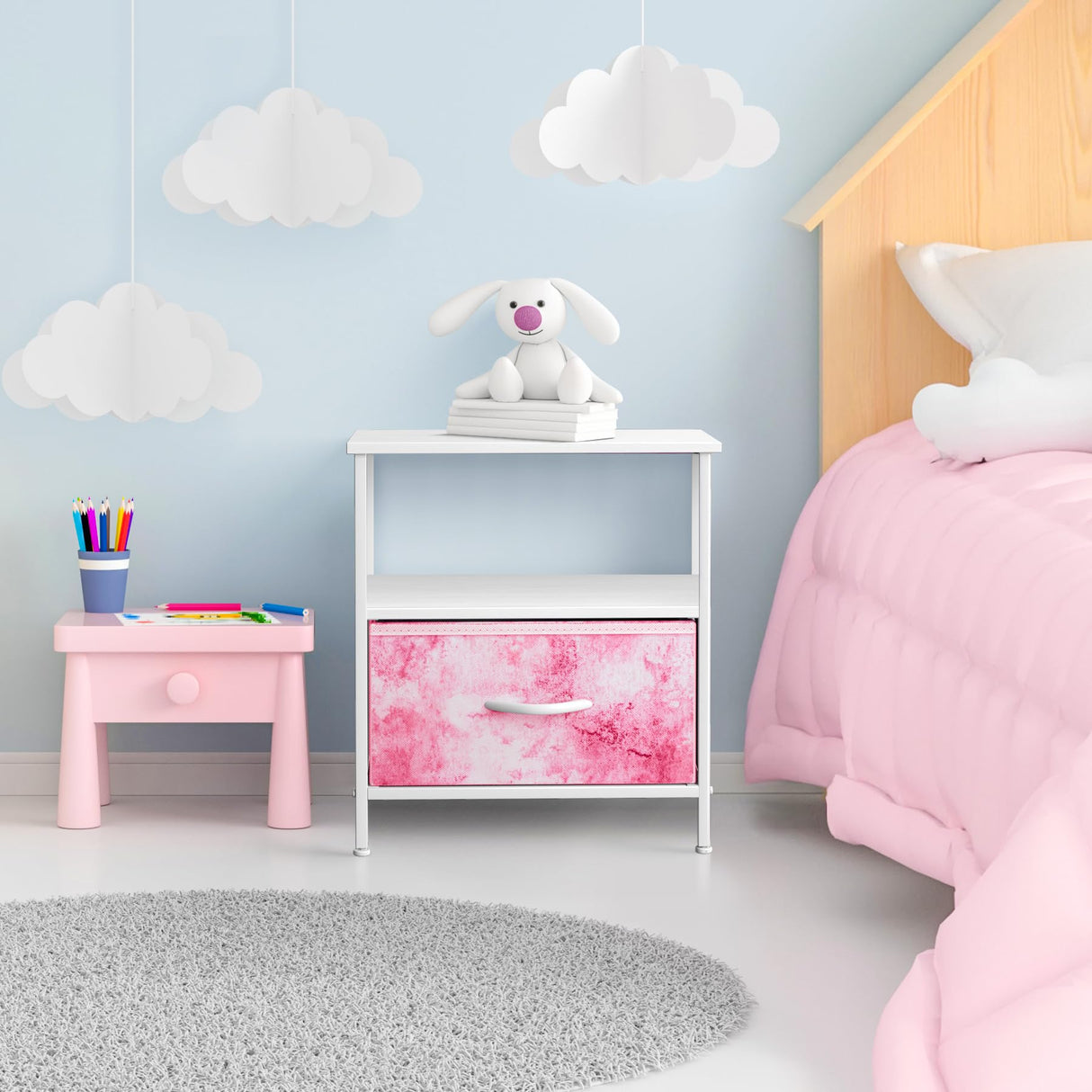 Sorbus 1 Drawer Shelf Storage Nightstand - Kids Bedside Furniture End Table Night Stand with Steel Frame Wood Top & Easy Pull Fabric Bins. Dresser & Chest for Home Bedroom Accessories Office & College Sorbus