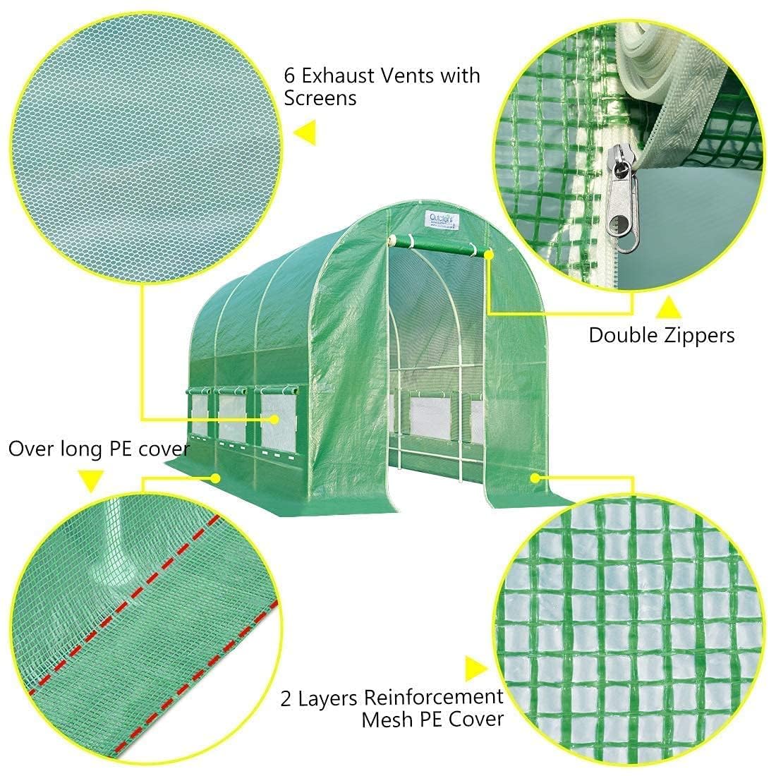 Quictent 12x6.6x6.6FT Fast Setup Greenhouse for Outdoors (QUIC-Install), 20-MIN Tool Free Install Walk-in Galvanized Green House, 6 Screen Window 1 Zipper Screen Door, Green Quictent