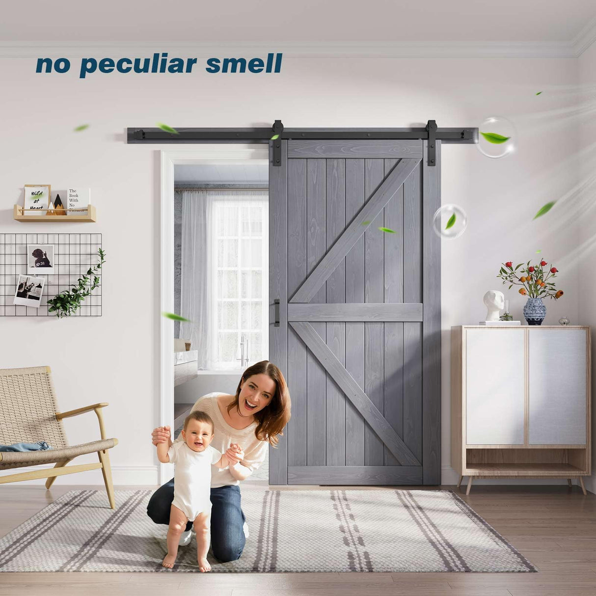 FREDBECK 42in x 84in Gray Wood Barn Door Slab with 7ft (84inch) Barn Door Hardware Track Kit and Handle Floor Guide Included, Double Surfaces,Simple Assembly is Required,K-Frame,Grey FREDBECK