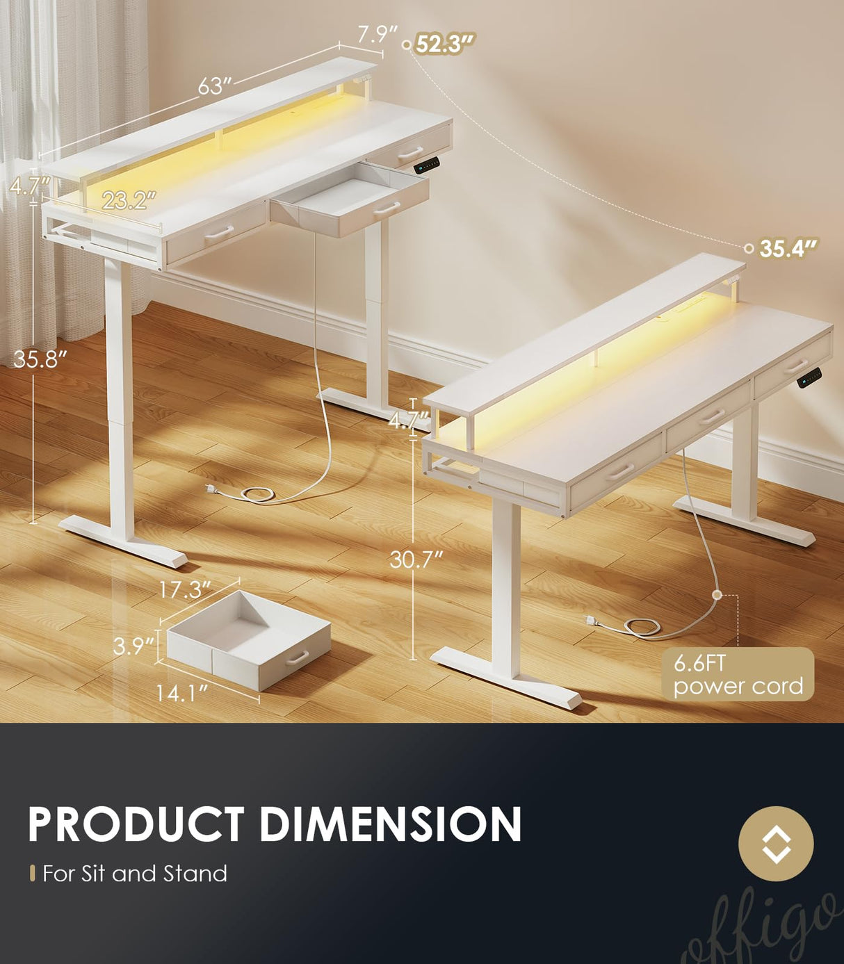 OffiGo Electric Standing Desk with Drawers, 63 Inch Height Adjustable Desk with Power Outlets & LED Lights, Sit Stand Table with Monitor Stand for Home, Office, Workstation, White OffiGo