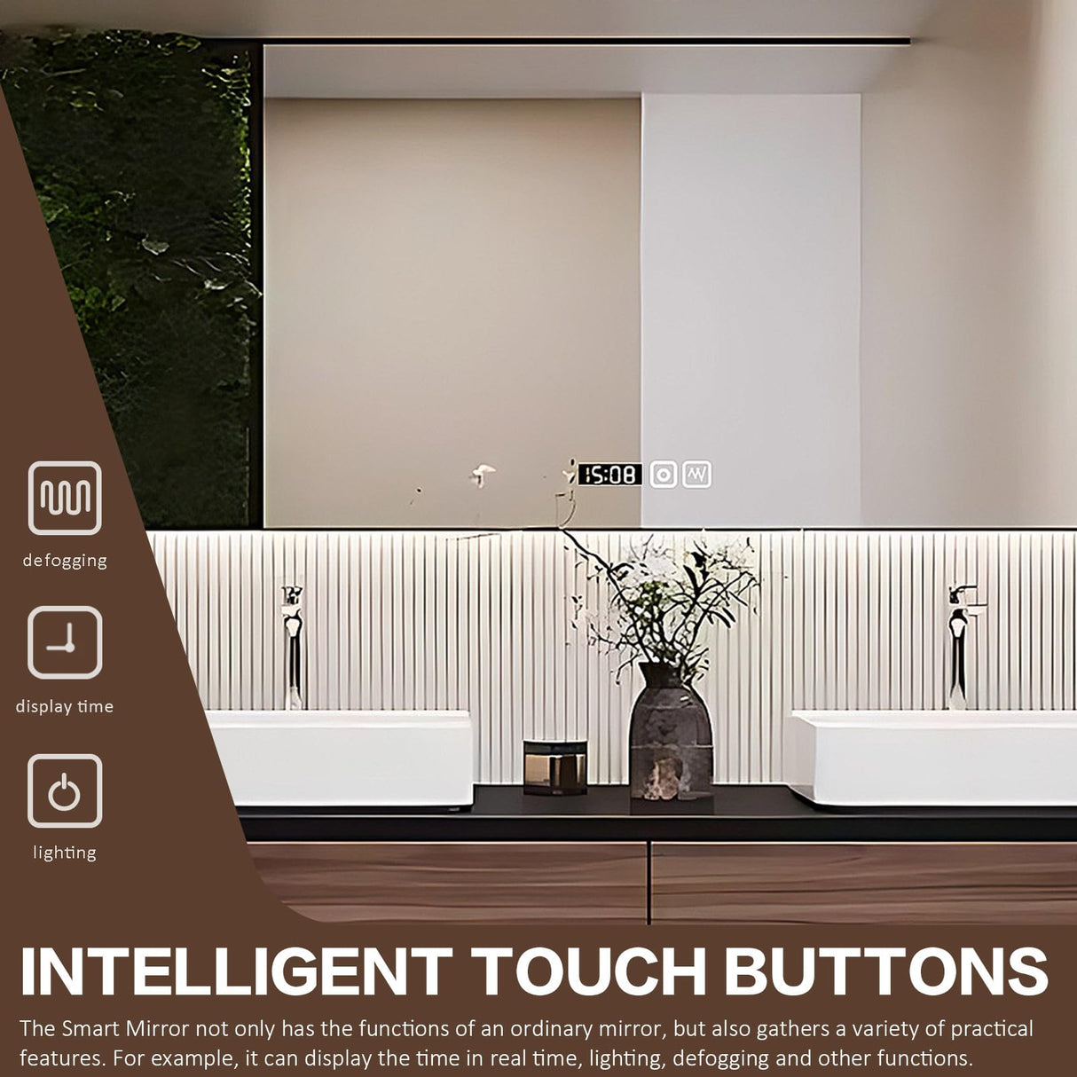 High QLO 60 Inch Bathroom Vanity with Double Sinks - Floating Log Style Modern Panel Design,Wall Mouted Cabinet with Double Ceramic Countertop Basins | Open Storage Rack and LED Smart Defog Mirror High QLO