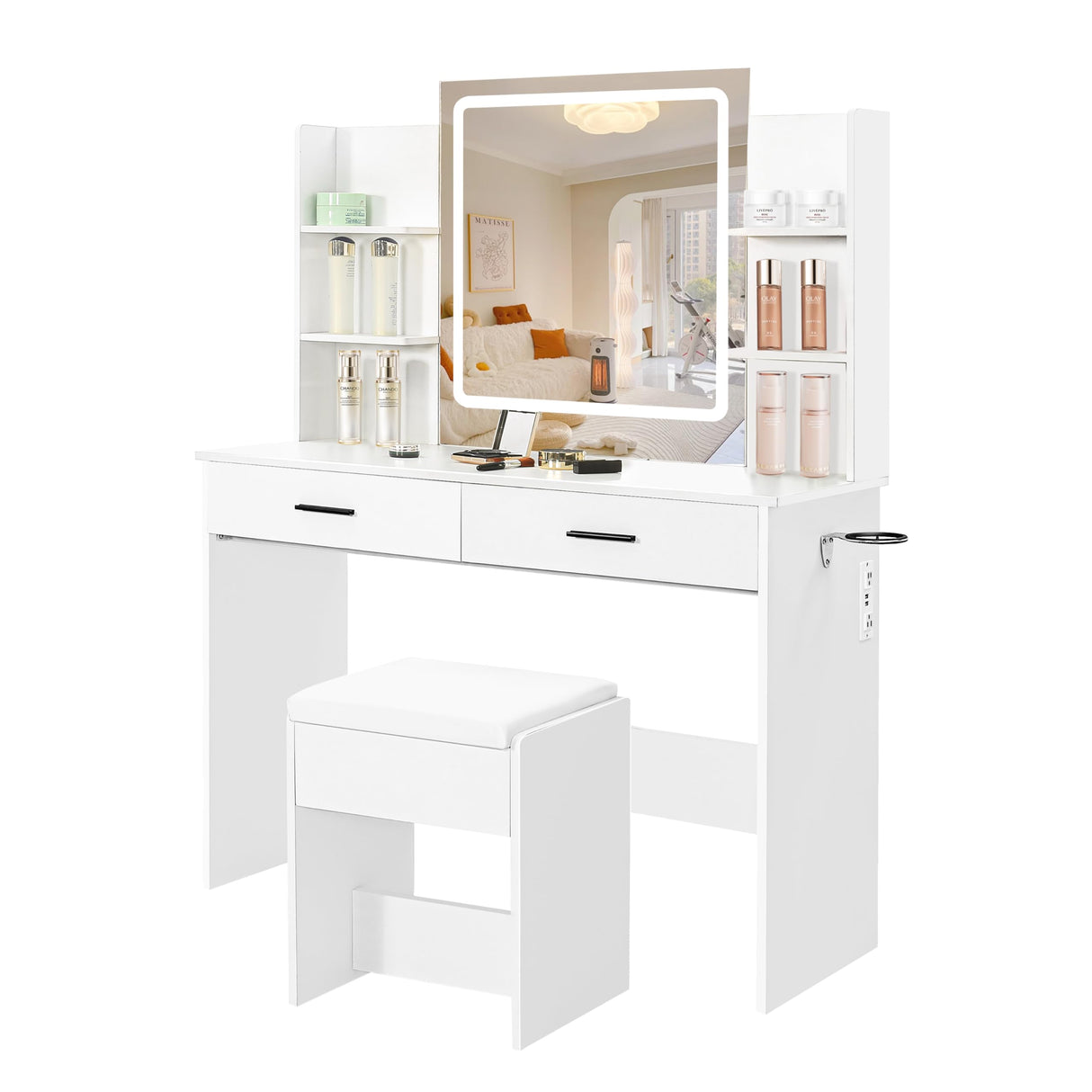 YIKEHOME Vanity with Lighted Mirror, Makeup Vanity Desk with Power Outlet, 3 Color Lights, Adjustable Brightness, Vanity Table with 6 Shelves, 2 Drawers and Stool, White YIKEHOME