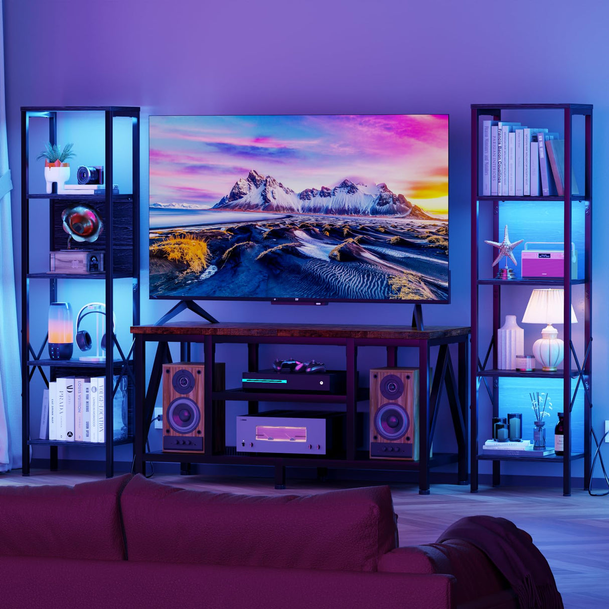 Furologee 5-Tier LED Bookshelf in Black Oak - Narrow Industrial Bookcase with Back Panel for Home and Office Furologee