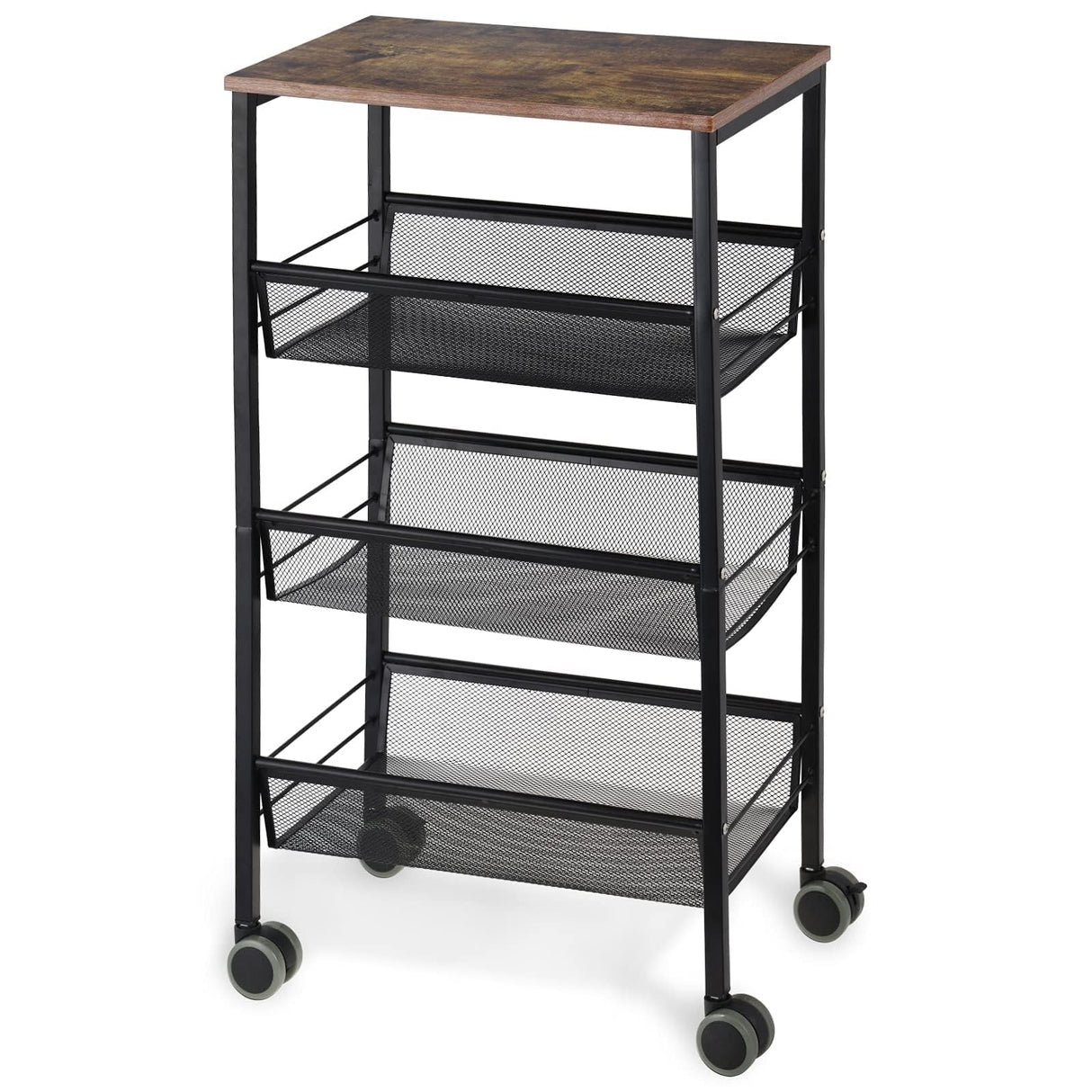 LIANTRAL Rustic Kitchen Storage Cart, 4 Tier Kitchen Cart on Wheels, Metal Mesh Storage Pantry Cart with Lockable Wheels, Wood Look Top and Metal Frame. LIANTRAL