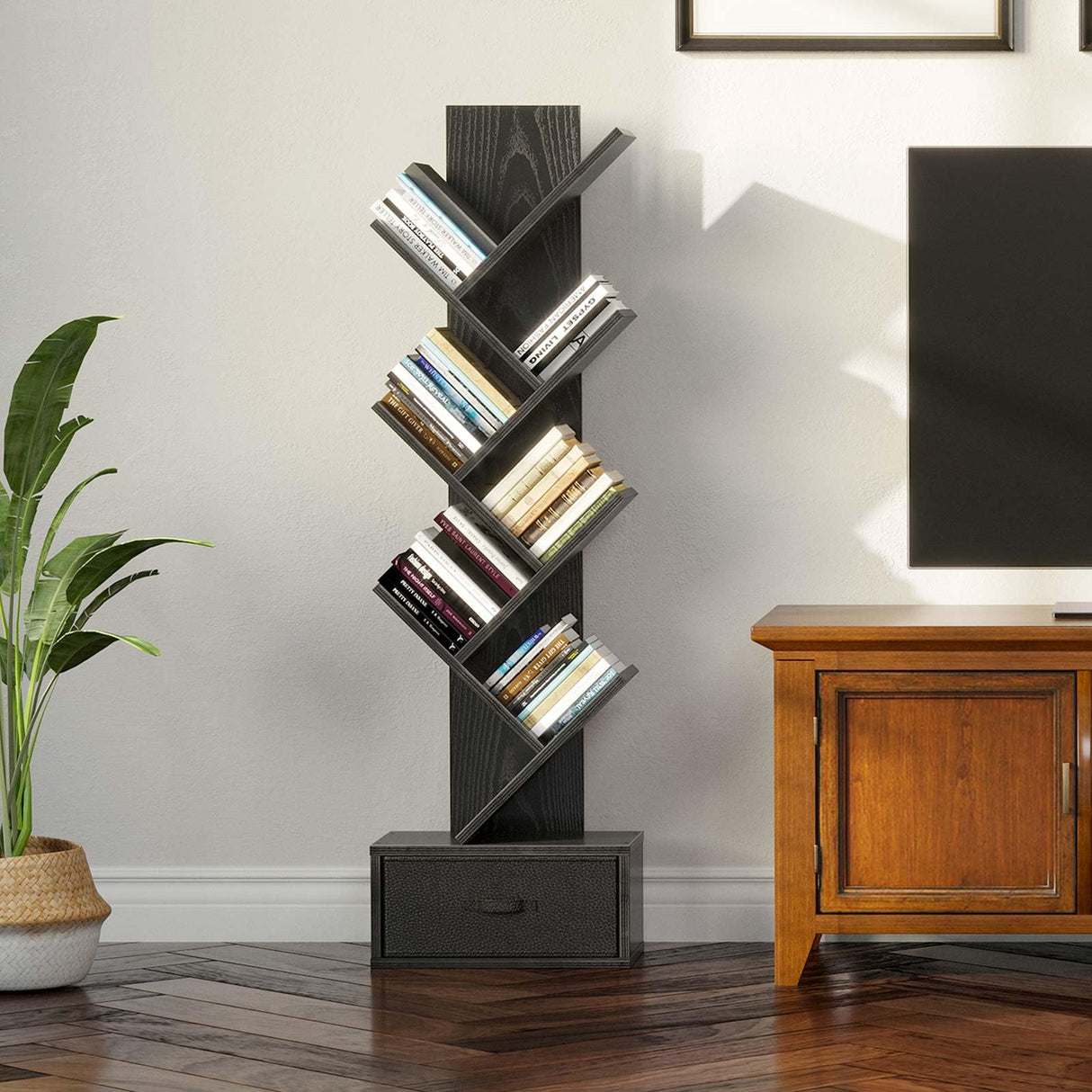 Rolanstar 7 Tier Bookshelf with Drawer, Tree Bookshelf, Small Bookshelves with Storage Rack for CDs/Movies/Books, Standing Book Shelf, Tall Narrow Bookcase for Living Room, Bedroom, Black Rolanstar