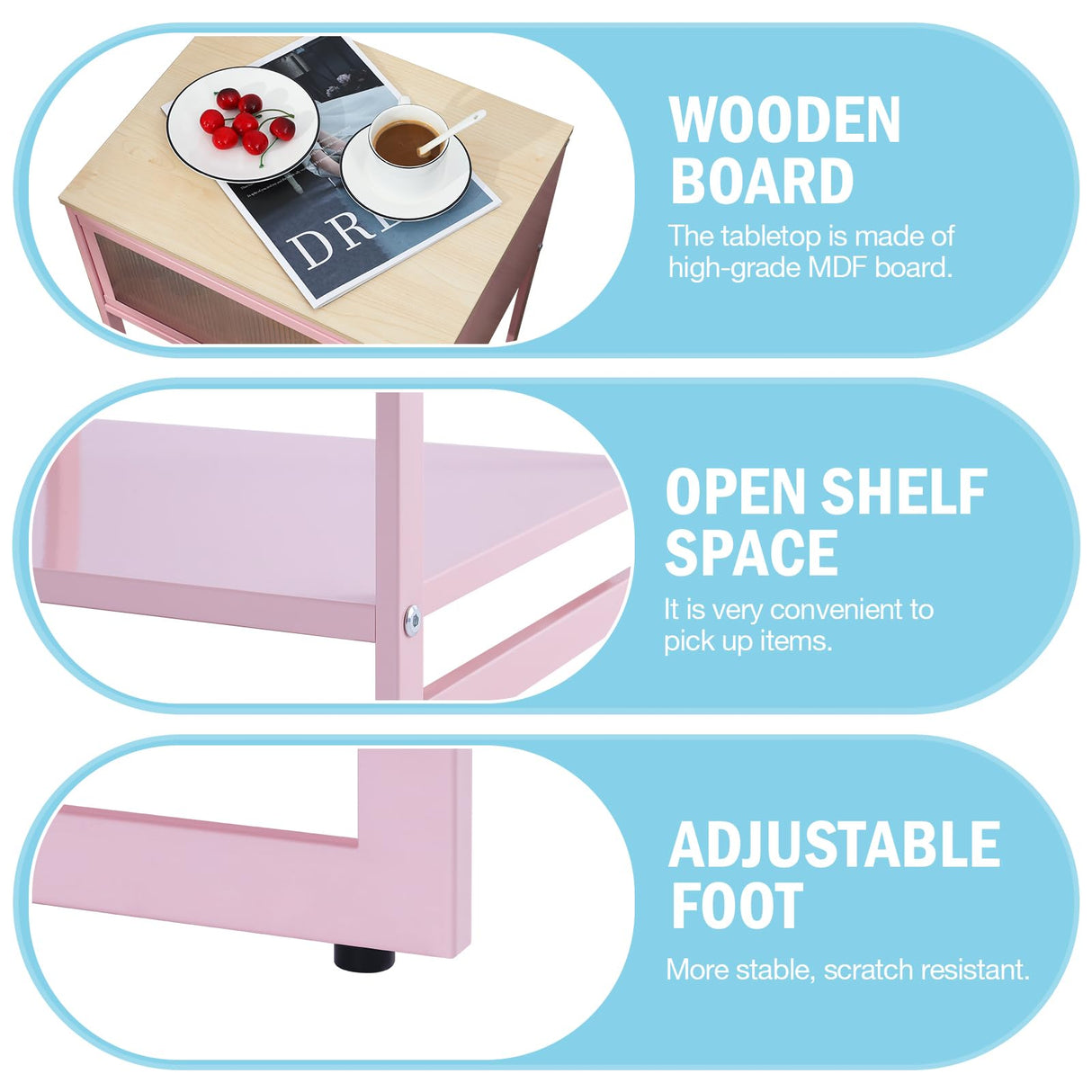 SYKIARIOL Pink Nightstand,End Tables with Storage Drawer,Bedside Table with Open Storage Shelf,Metal Side Table,Durable Wood Top Side Table for Bedroom,Living Room,Dorm,Guest Bedroom,Pink SYKIARIOL