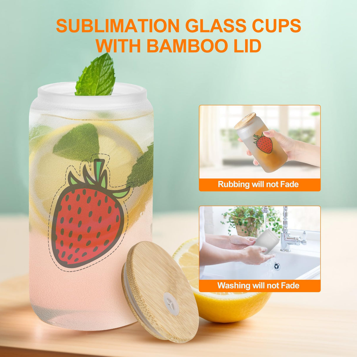 MOVNO 12 Pack Sublimation Cups - 16oz Frosted Glass Cups with Bamboo Lids and Straws Sublimation Glass Blanks Beer Can Shaped Cups Sublimation Glass Tumblers for Iced Coffee Juice Soda Drinks MOVNO