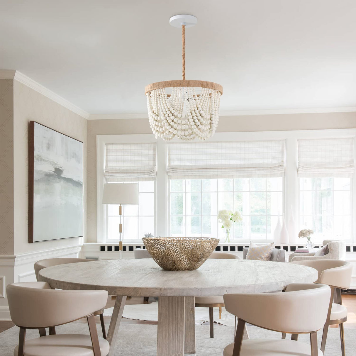 VILUXY Bohemia Wood Beaded Pendant Lights Antique Rustic Mini Chandelier White Finishing for Bedroom, Nursery Room, Girl Room, Hallway, Entryway, Passway, Dining Room, 3-Light VILUXY