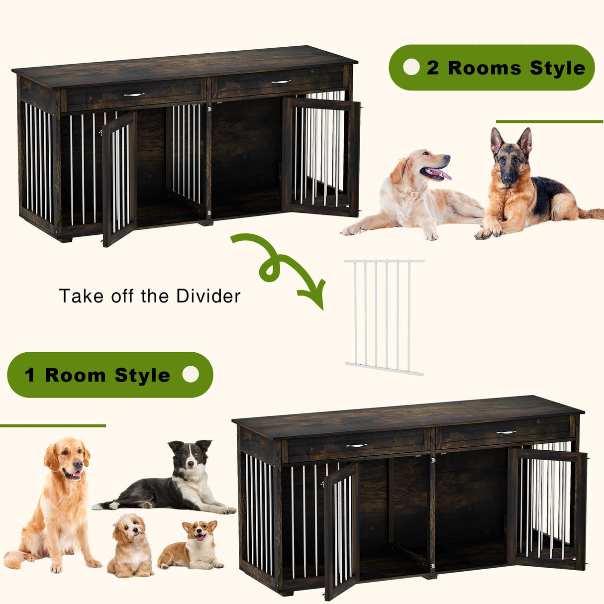 DAWNSPACES Dog Crate Furniture for Large Medium Dogs, 72" Heavy Duty Indoor Wooden Double Rooms Dog Kennel Table with Drawers & Divider, Funiture Style Dog Cage House TV Stand, Rustic Brown DAWNSPACES
