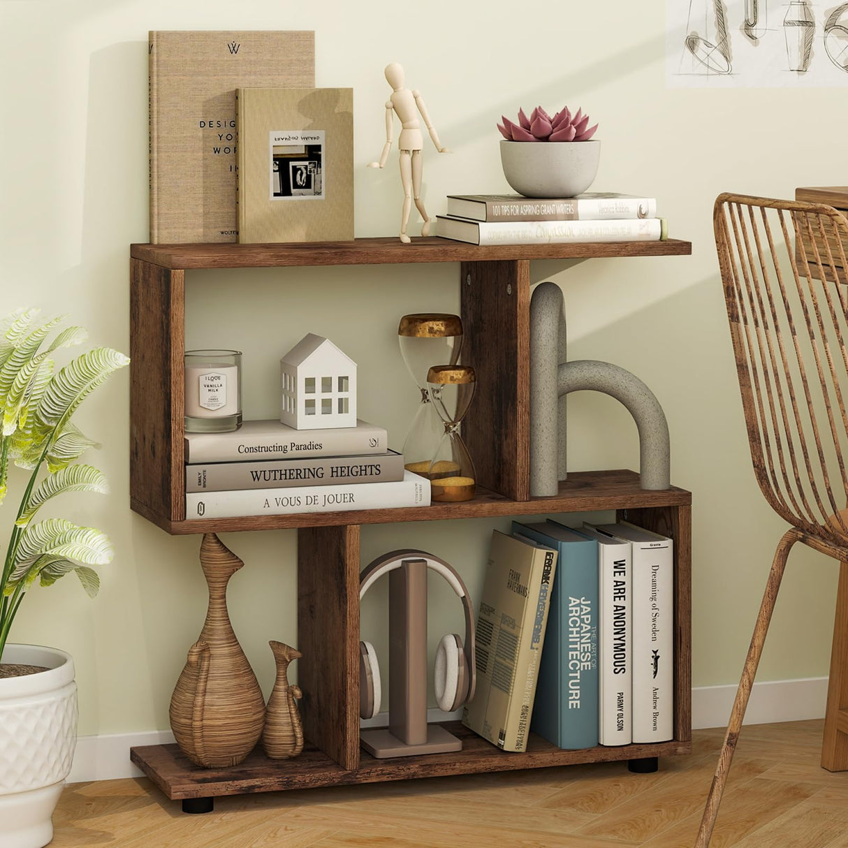 LOKO 3-Tier Geometric Bookshelf, S-Shaped Open Bookcase, Freestanding Decorative Storage Shelving, Home Storage Organizer for Living Room, Bedroom, Home Office (1, Rustic Brown) LOKO