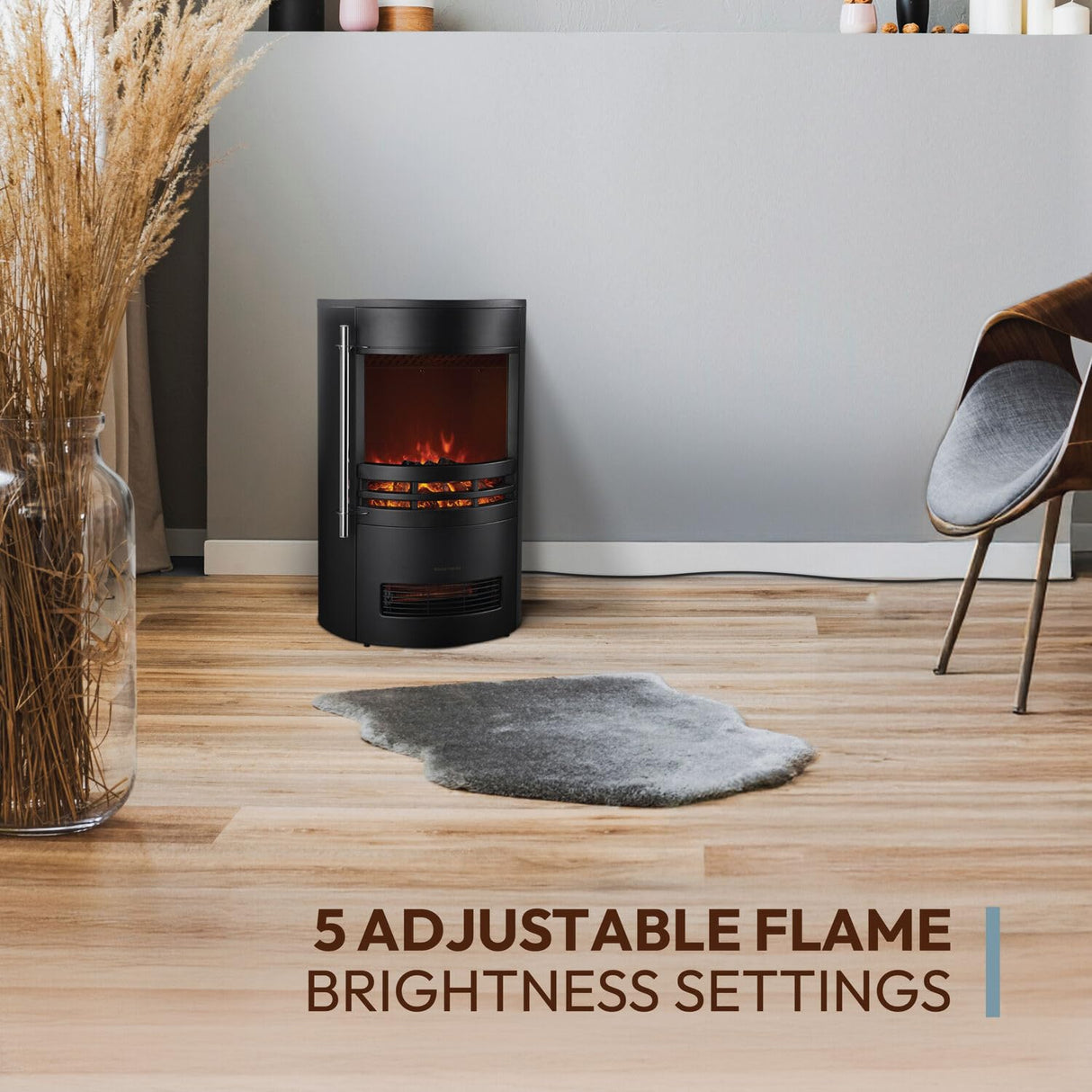 Cambridge Round Freestanding Electric Fireplace with Remote Control, Realistic Flame Indoor Space Heater with Rounded Viewing Window for Living Room, Bedroom, Basement CAMBRIDGE