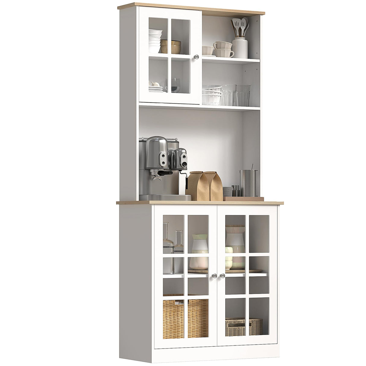 HOMCOM Kitchen Pantry Storage Cabinet, 72" Freestanding Cabinet with Hutch, Large Countertop, Glass Doors and Adjustable Shelves for Dining Room, Pure White HOMCOM