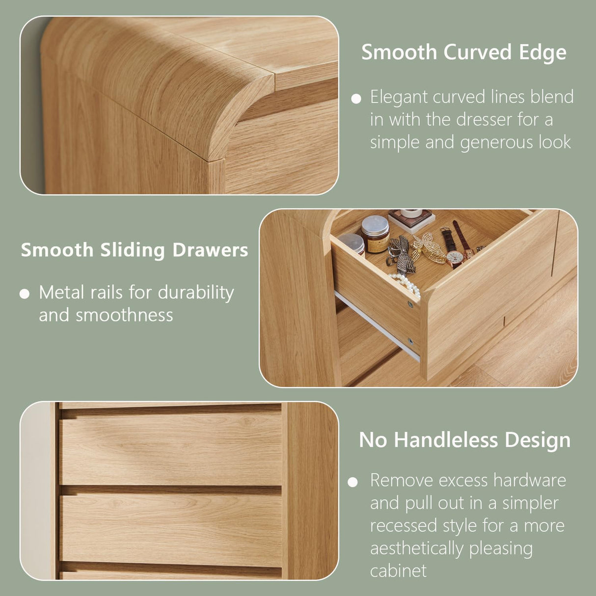 Aitjunz Modern 6 Drawers Dresser for Bedroom, 47" Wide Wood Dressers & Chests of Drawers w/Curved Profile Design, Mid Century Modern Dresser w/Natural Texture for Bedroom, Living Room, Natural Oak Aitjunz