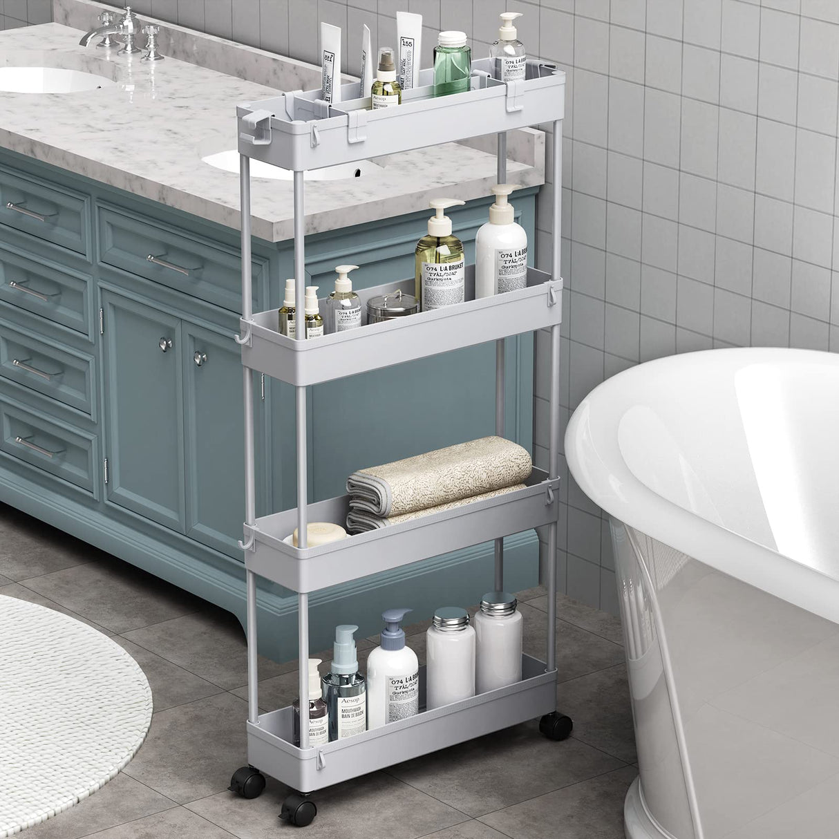 SPACELEAD Slim Storage Cart 4 Tier,Bathroom Organizer Rolling Utility,Mobile Shelving Unit Slide Out for Office, Kitchen, Laundry Room & Narrow Places,Gray SPACELEAD