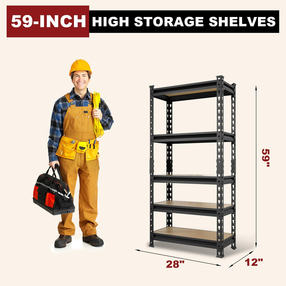 5 Tier Heavy Duty Garage Storage Shelving: Adjustable Metal Utility Shelving Rack for Basement, Pantry, Closet, Garage Storage Organization - 2,000lb Capacity (59"x28"x12") BIG RED