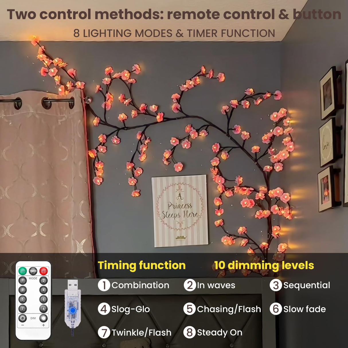 Cherry LED Tree Branch Lights for Wall, Cherry Blossom Willow Vine Twig Decor Garland with 72 LED Lights and Remote,8 Lighting Modes,Christmas Decorations Indoor for Home Wall Door Window (63inch) BomKra