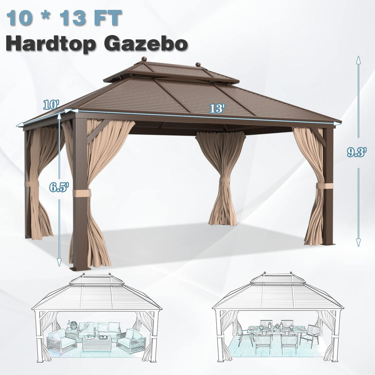MELLCOM 10' x 13' Hardtop Gazebo, Galvanized Steel Metal Double Roof Aluminum Gazebo with Curtains and Netting, Brown Permanent Pavilion Gazebo with Aluminum Frame for Patio, Lawn & Garden MELLCOM
