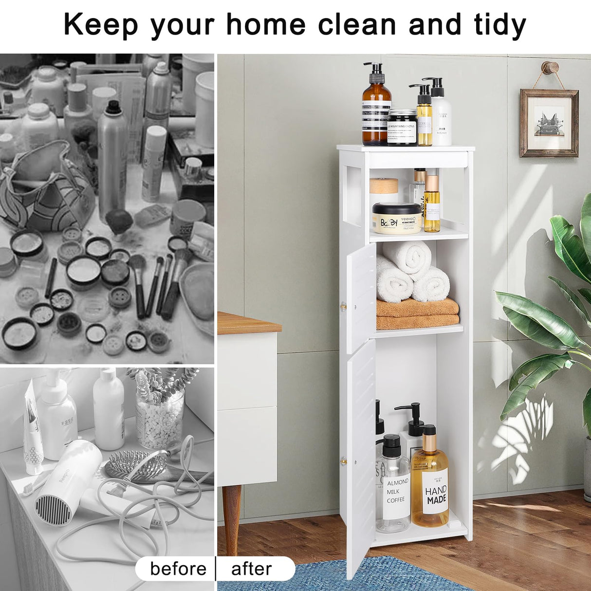 VOGGV Bathroom Storage Cabinet, Bathroom Floor Cabinet Freestanding 1 Doors and Shelves for Home Kitchen, Living Room and Hallway, 29.5 * 8.66 * 7.87in, White VOGGV