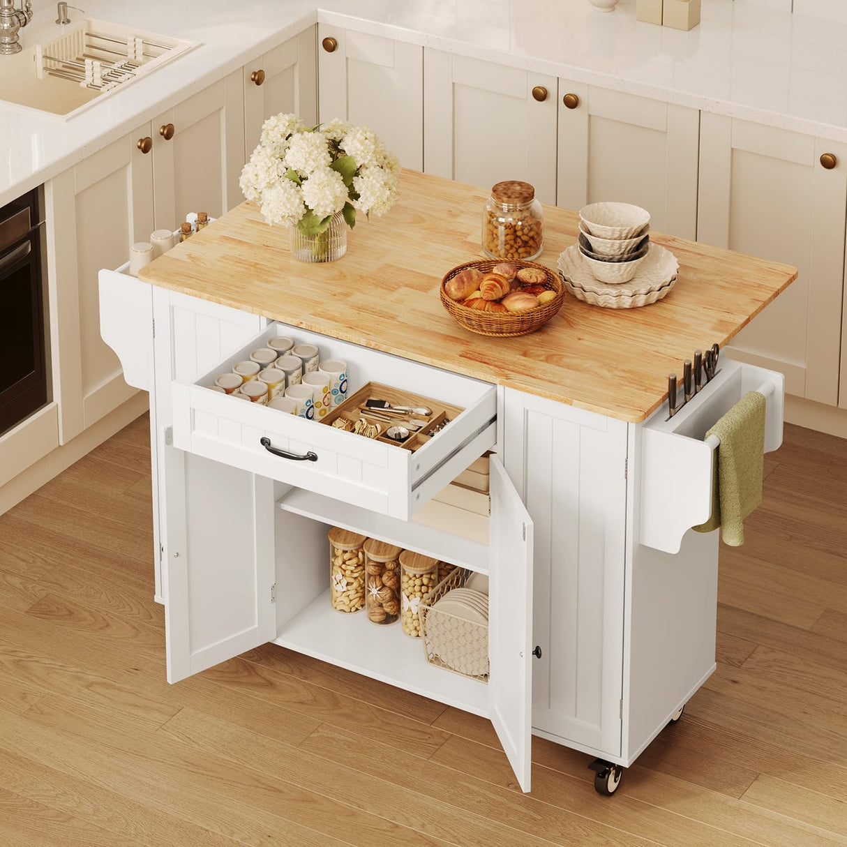Ahomly Kitchen Island with Storage, 47.6" Rolling Kitchen Island on Wheels with Drop Leaf, Door Cabinet, Drawer, Spice Rack, Towel Rack and Knife Holder, Kitchen Cart Island Table for Kitchen, White Ahomly