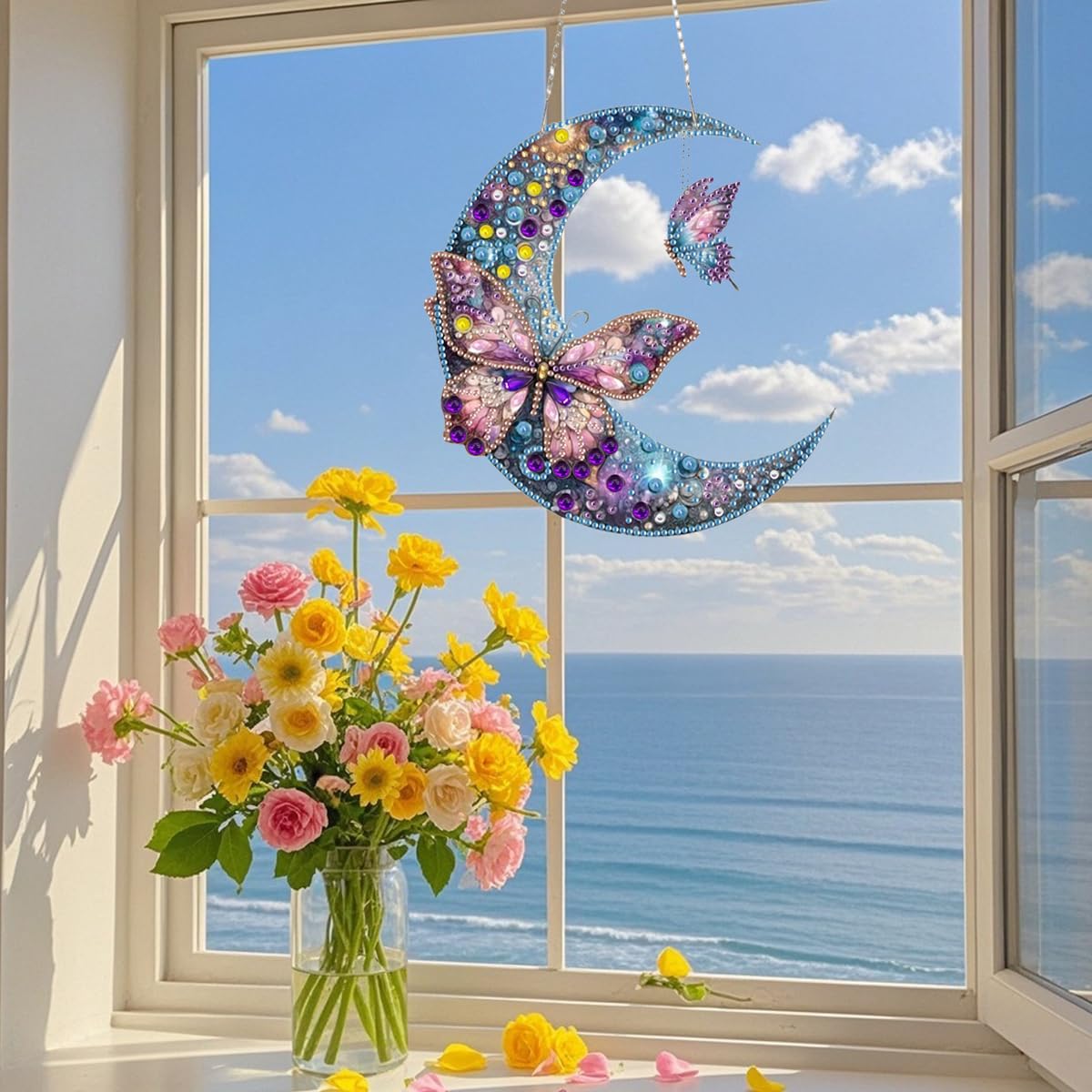 DIY Hanging Diamond Art Kit Butterfly, Acrylic Diamond Painting Kits Hanging Pendant Moon, Special Shaped Crystal Gem Art Ornament Kit for Home Decor wavaiov