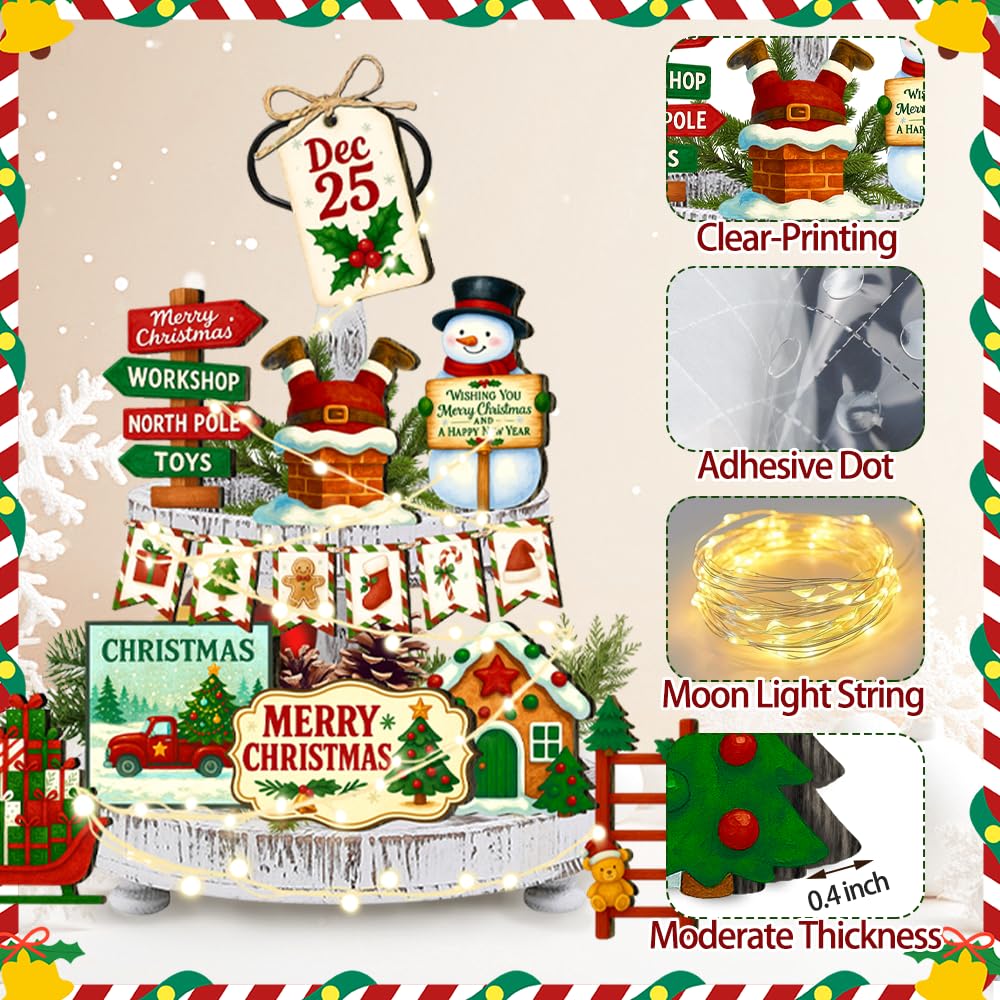 18pcs Christmas Tiered Tray Decoration Set - Santa Claus Snowman Christmas Tree Gingerbread Man Tiered Tray Decoration, Farmhouse 3D Winter Sign for Home, Farmhouse Tabletop, Office Desk Decoration kauomi