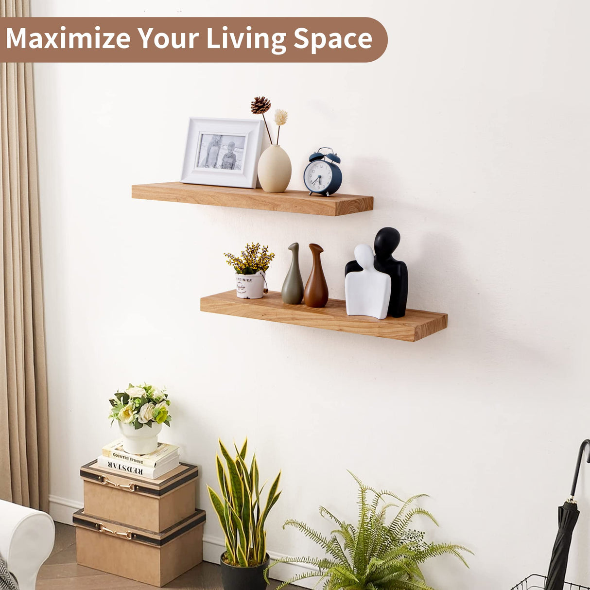 Axeman Floating Shelves, 8 Inch Deep Rustic Solid Elm Wood Wall Shelves for Storage, Wall Mounted Display Shelving with Invisible Heavy-Duty Metal Bracket, 24 Inch Width Set of 2, Natural Axeman