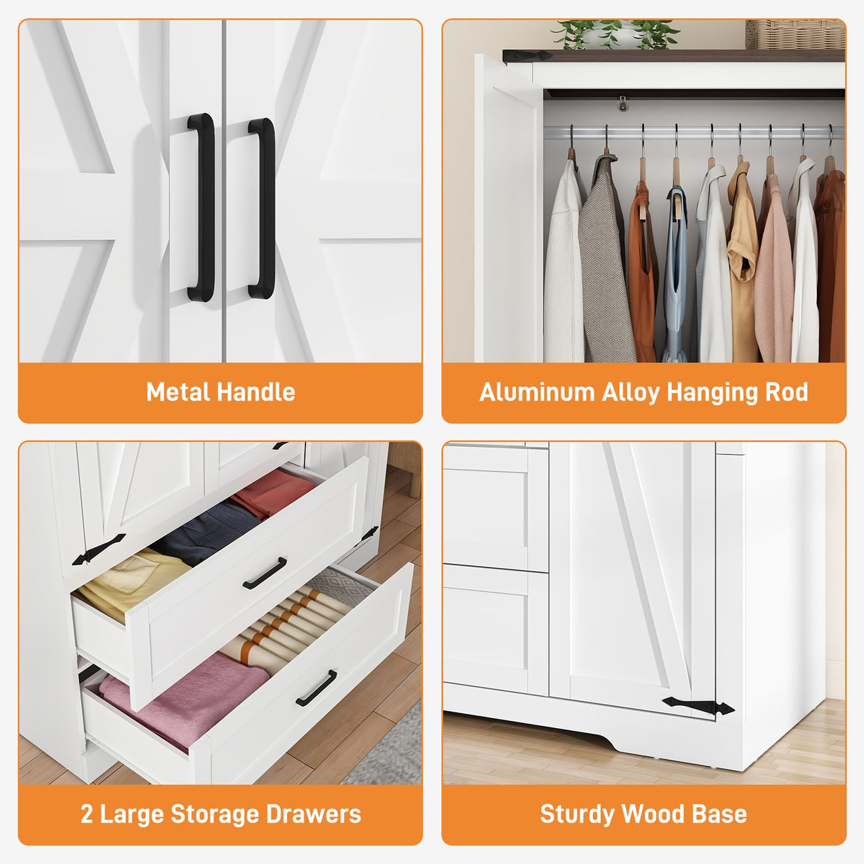 St.Mandyu Farmhouse Wardrobe Armoire Closet with 3 Doors and 2 Drawers, 70.1" Wooden Clothing Storage Cabinet, Freestanding Large Capacity Storage Wardrobe Armoire with Hanging Rod for Bedroom, White St.Mandyu