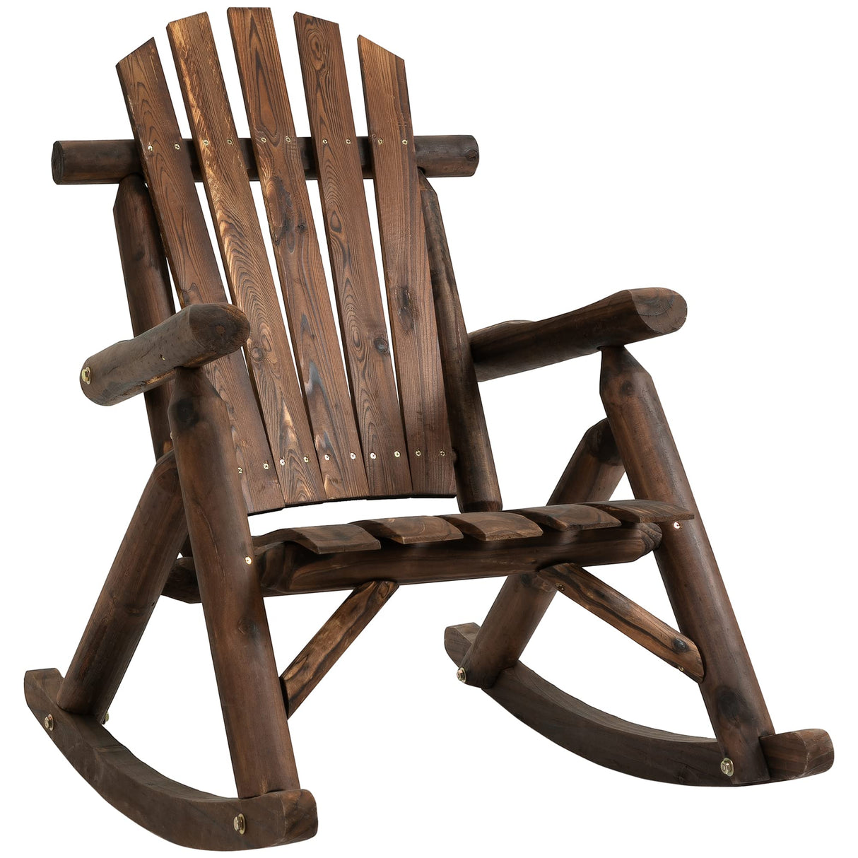 Outsunny Outdoor Wooden Rocking Chair, Single-Person Adirondack Rocking Patio Chair with Rustic High Back, Slatted Seat and Backrest for Indoor, Backyard, Garden, Carbonized Outsunny