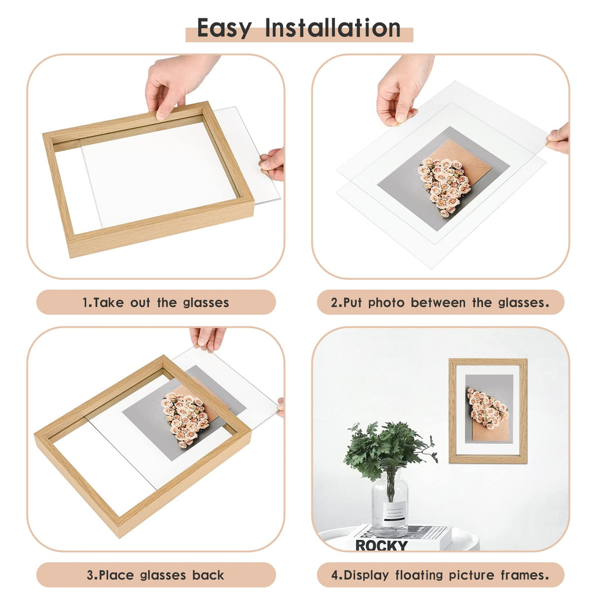 MUYE 5x7 Floating Frame Set of 2,Double Glass Rustic Photo Frame for Wall Hanging or Tabletop Standing,Also Display 4x6 or 3x5 Photo for Floating Effect,Natural MUYE