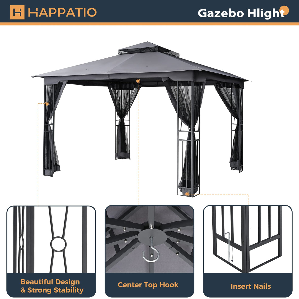 HAPPATIO 10' X 12' Patio Gazebo with Ventilation Double Roof,Outdoor Gazebo with Mosquito Netting for Lawn, Garden (Grey) HAPPATIO