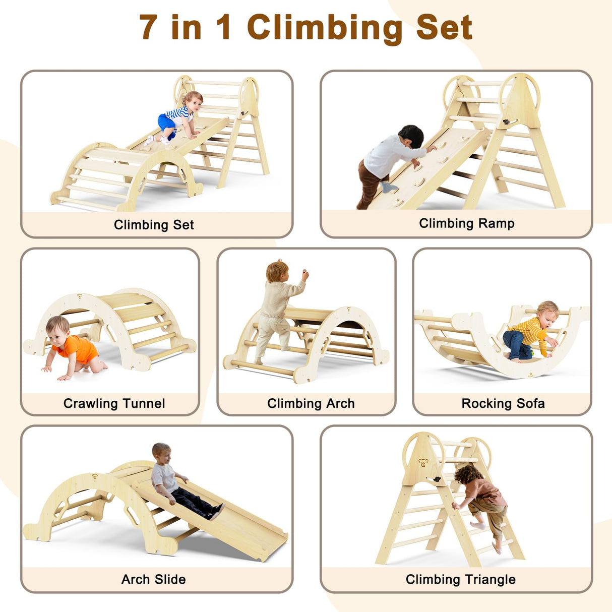 Doerpuz Pikler Triangle Set 7 in 1,Foldable Baby Climbing Toys Wooden,Toddler Climbing Toys Indoor,Climbing Toys for Toddlers 1-3,with Ramp, Arch and Ladder(Nature Wood) Doerpuz