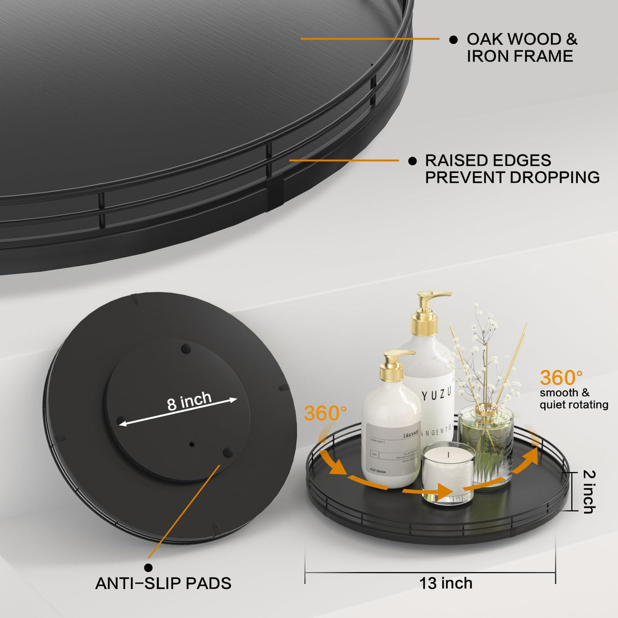 13" Oak Wood Lazy Susan Organizer, Lazy Susan for Cabinet Dining Table Pantry Wood Turntable Organizer Tray for Coffee Table Kitchen Countertop Salt Pepper Spice Organization and Storage Round Black Oroyutor