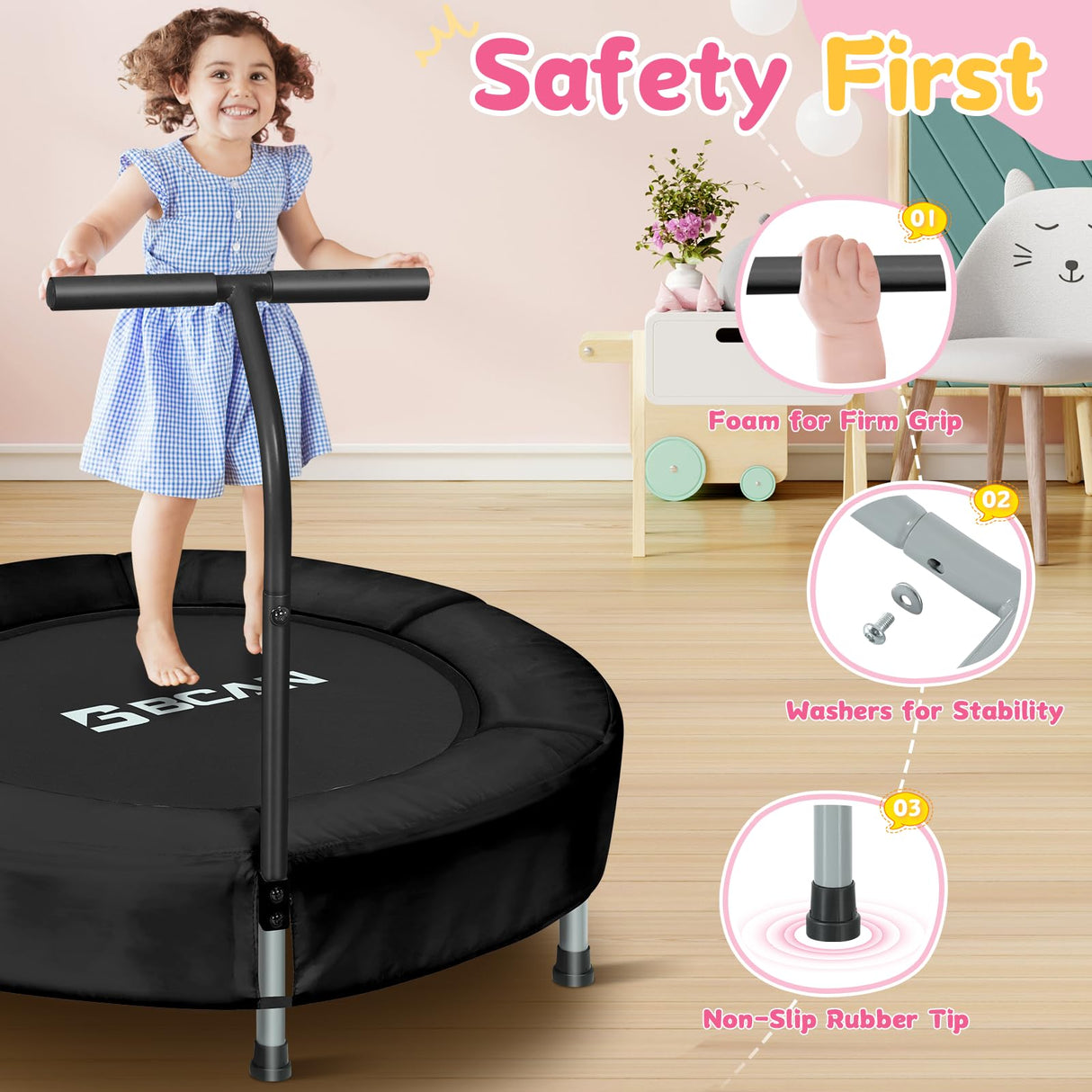 BCAN 36'' Mini Folding Ages 2 to 5 Toddler Trampoline with Handle for Kids, Indoor/Garden Toddlers Trampoline with Super Safe Cover for Toddlers, Black BCAN