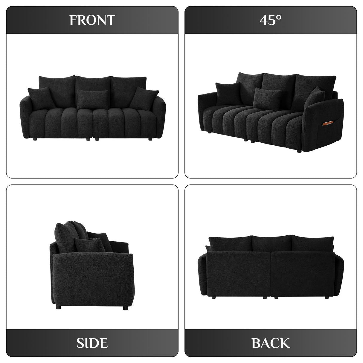 Wrofly Teddy Cloud Sofa Couch, Modern Deep Seat Boucle Sofa, 80.2" Comfy Upholstered Sherpa 3 Seater Couch with 3 Pillows, Oversized Loveseat for Living Room Apartment Office, Black Wrofly