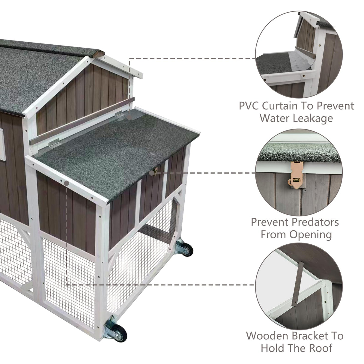 Gowoodhut Chicken Coop Mobile Wooden Hen House with Nesting Box,95.3" L Outdoor Chicken House with Wheels and Removable Tray,Fir Wood Chicken Tractor with 6 Ventilation Door and Ramp-Grey Gowoodhut
