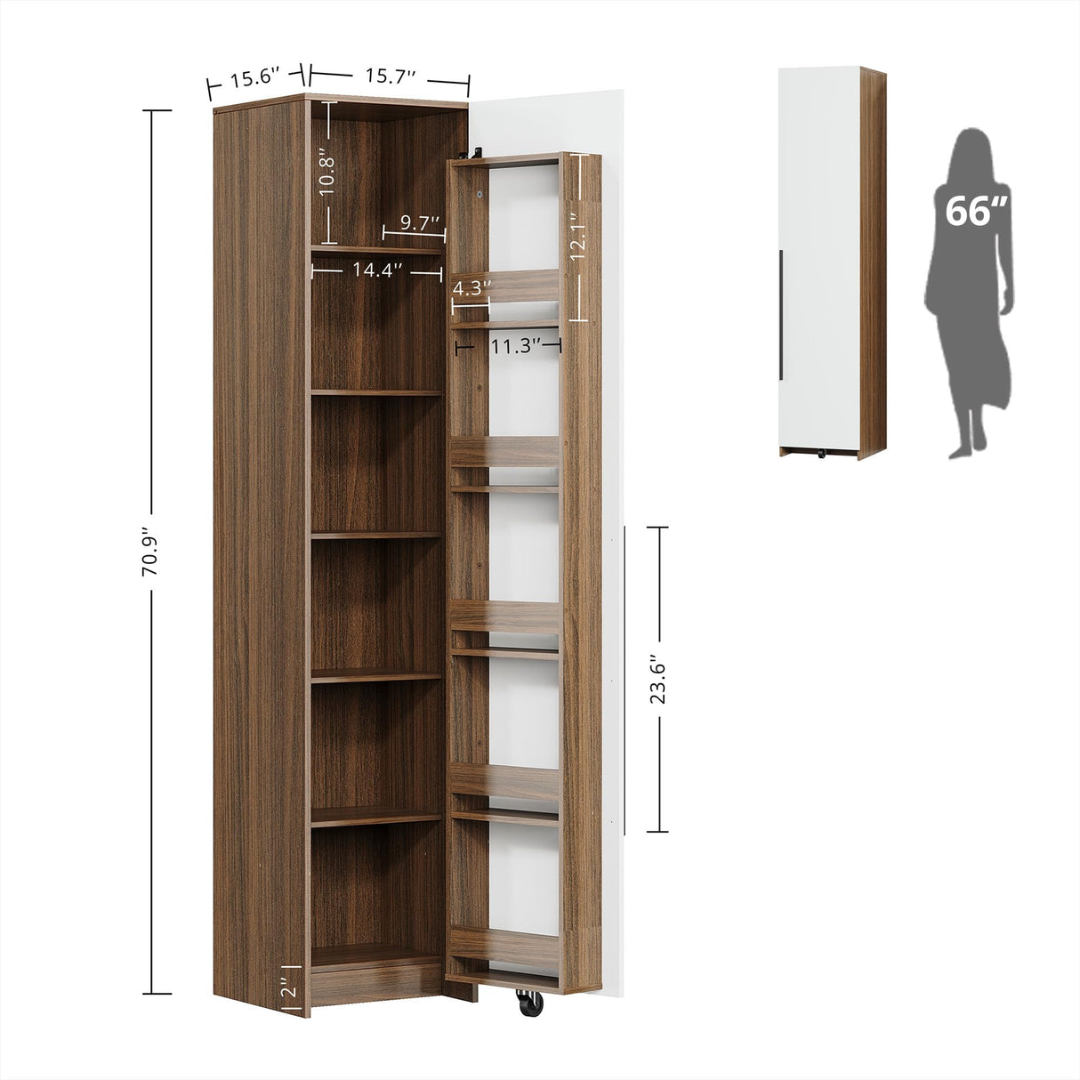 IRONCK 70" Pantry Storage Cabinet, Single Cabinet Pantry, Freestanding Tall Narrow Cupboard with 11 Adjustable Shelves for Dining Room, Living Room, Walnut and White IRONCK